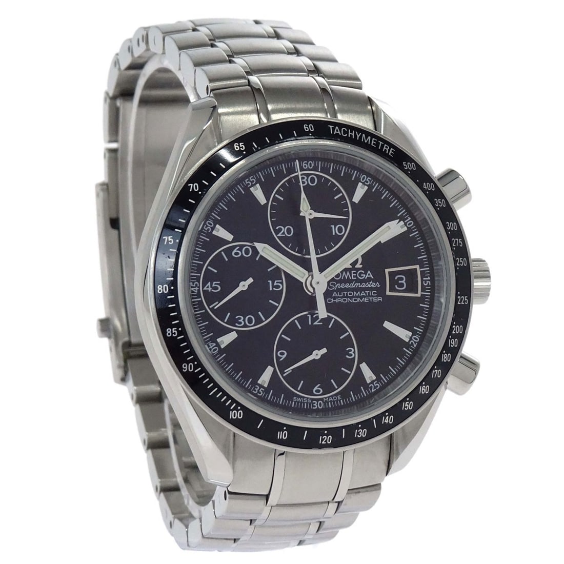 OMEGA Speedmaster Ref.3220.50 38 mm automatic stainless steel wristwatch: OMEGA Speedmaster Ref.3220.50 38 mm automatic stainless steel wristwatch Omega Speedmaster self-winding wristwatch with a classic black analog dial and stainless steel case and bracelet. This Swiss Ma