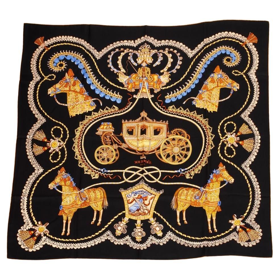 Hermes Black Paperoles 34 Inch Silk Scarf from France: Hermes Black Paperoles 34 Inch Silk Scarf from France This exquisite Hermes "Paperoles" silk scarf showcases a striking black paperoles motif featuring horses and carriages. Made from 100% silk, it fe