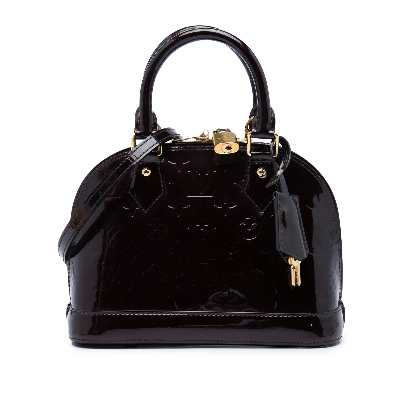Louis Vuitton Alma BB Monogram Vernis Leather Handbag: Louis Vuitton Alma BB Monogram Vernis Leather Handbag A Louis Vuitton Monogram Vernis Alma BB handbag crafted in purple vernis leather. This structured bag features rolled leather handles, a top zip-a