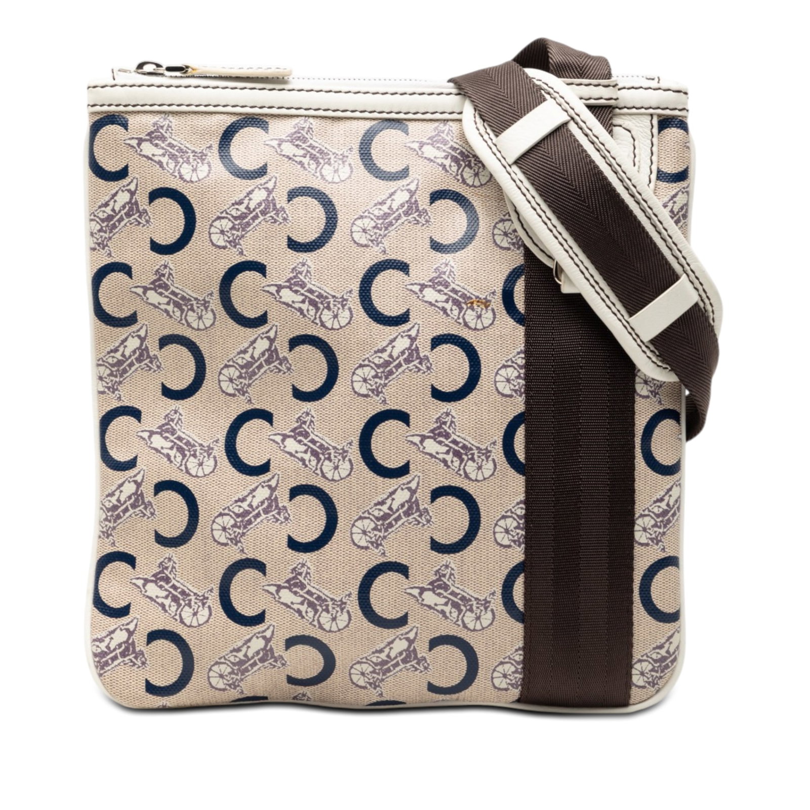Celine C Carriage Crossbody Bag in Coated Canvas: Celine C Carriage Crossbody Bag in Coated Canvas A Celine C Carriage crossbody bag in beige coated canvas with leather trim. It features a flat canvas strap with a leather guard, a top zip closure, an