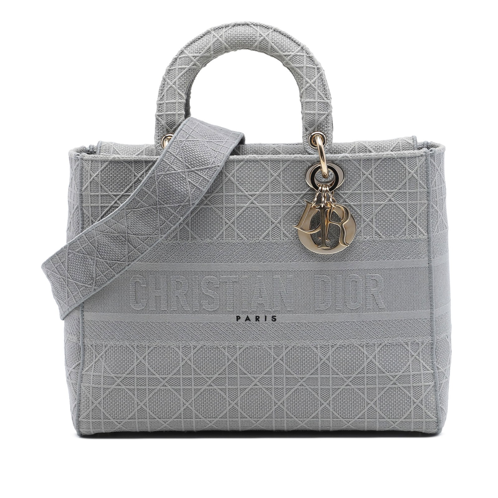 Dior Lady D Lite Large Cannage Embroidered Canvas Bag Gray: Dior Lady D Lite Large Cannage Embroidered Canvas Bag Gray A Dior Lady D-Lite bag in gray embroidered canvas with the Cannage pattern. This large bag features flat top handles, a detachable flat shoul