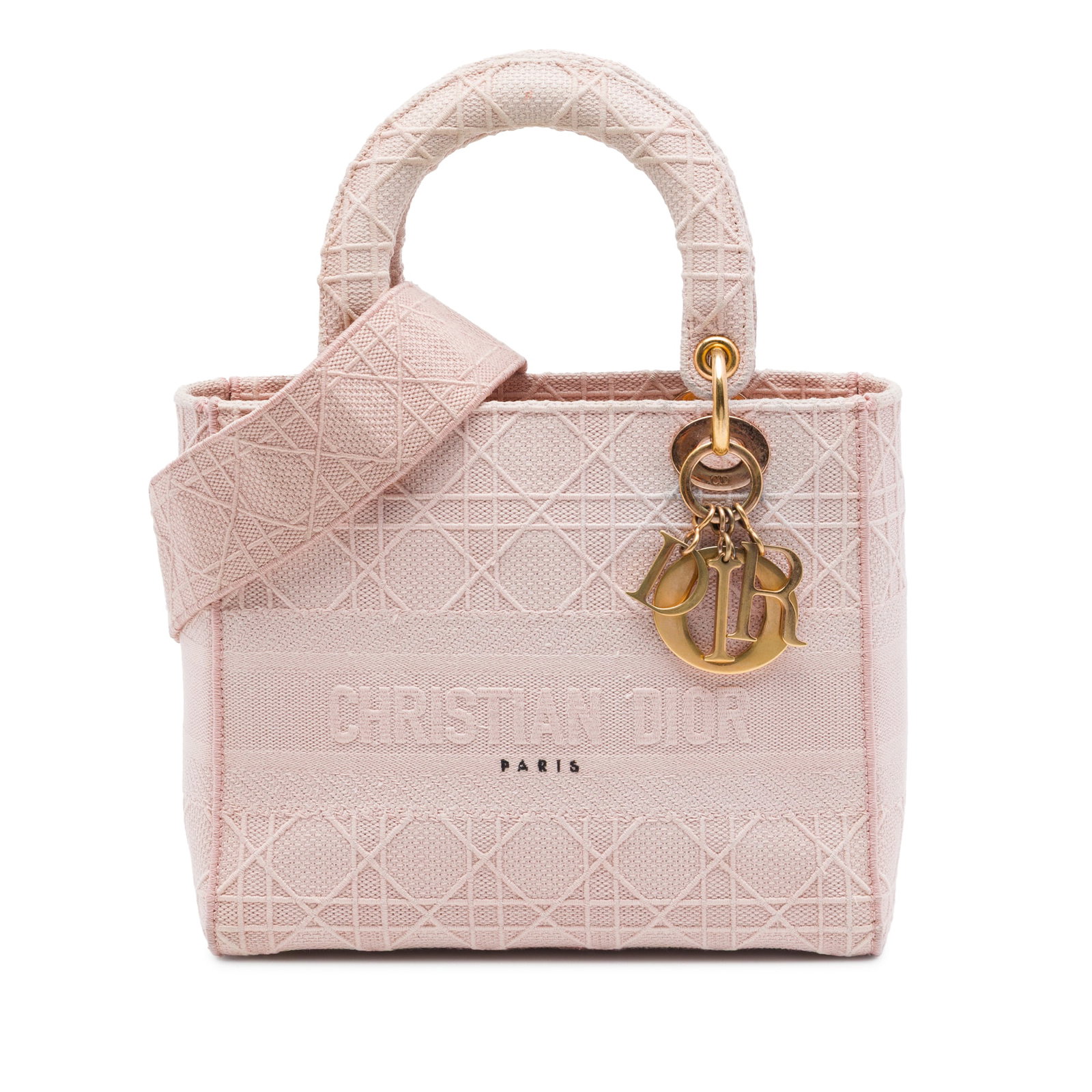 Dior Lady D Lite Medium Pink Cannage Embroidered Canvas Bag: Dior Lady D Lite Medium Pink Cannage Embroidered Canvas Bag This Dior Lady D-Lite medium bag is crafted in pink embroidered canvas with the Cannage pattern. It features flat top handles, a detachable 