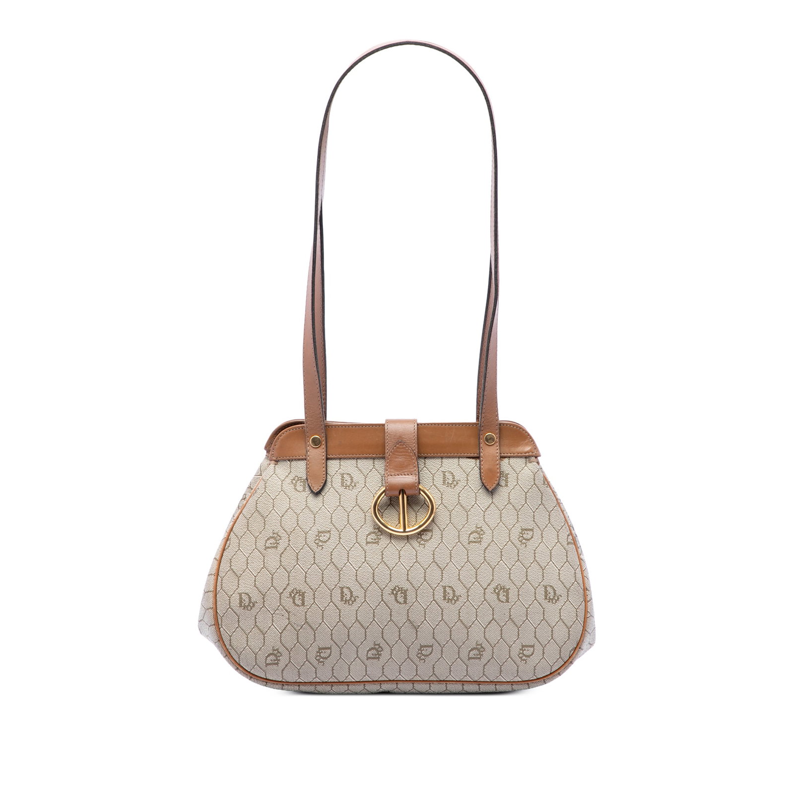 Dior Honeycomb Shoulder Bag in Beige Coated Canvas: Dior Honeycomb Shoulder Bag in Beige Coated Canvas A Dior Honeycomb shoulder bag crafted with a coated canvas body and leather trim. It features flat leather straps, an open top with a strap and snap 