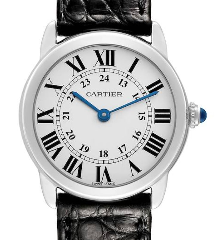 Cartier W6700155 Ronde Solo ladies watch silver dial black leather strap card: Cartier W6700155 Ronde Solo ladies watch silver dial black leather strap card Cartier Ronde Solo de Cartier ladies watch featuring a silver dial with Roman and Arabic numerals, a smooth bezel, and a b
