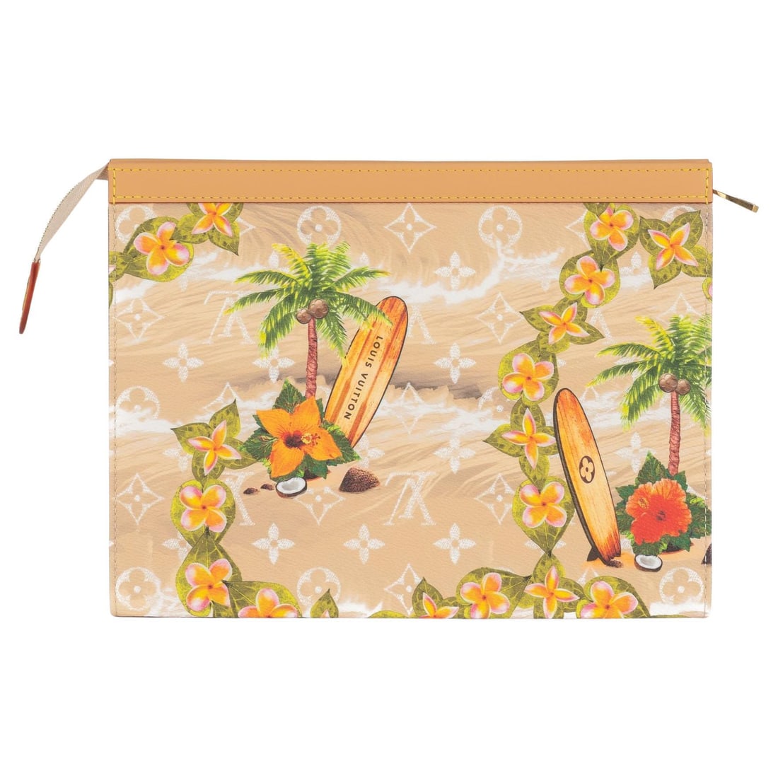 Louis Vuitton Surfin Monogram Canvas Clutch with Beach Design: Louis Vuitton Surfin Monogram Canvas Clutch with Beach Design Limited edition Louis Vuitton Monogram Surfin clutch in neutral coated Monogram canvas with a beach design. This zip-closure clutch featur