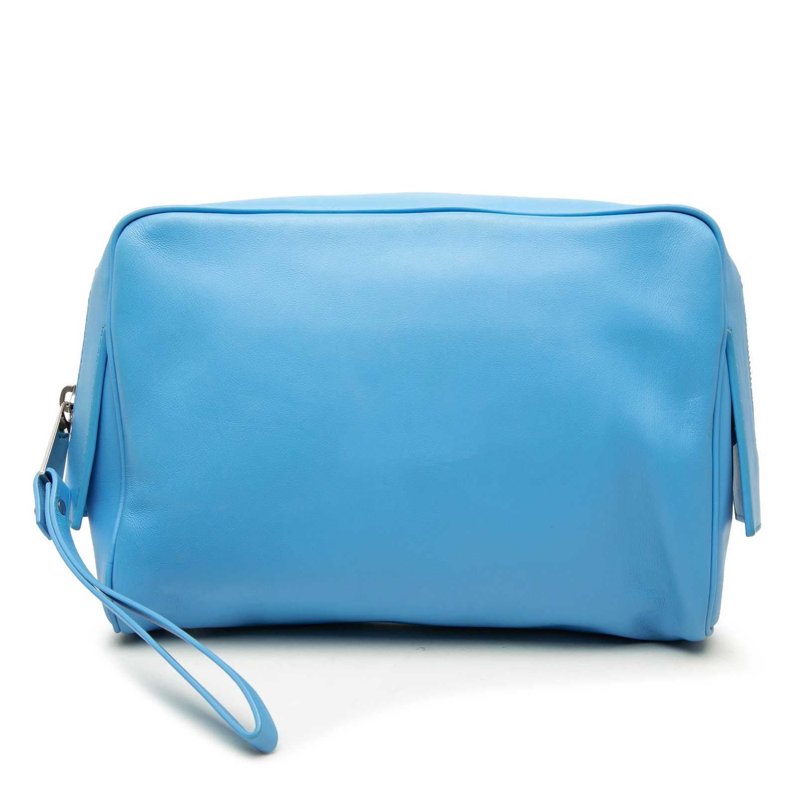 Blue Leather Wristlet Clutch Bottega Veneta Zip Top: Blue Leather Wristlet Clutch Bottega Veneta Zip Top A Bottega Veneta leather clutch in blue with a streamlined silhouette. It features a flat wrist strap, top zip closure, and an interior zip pocket. 