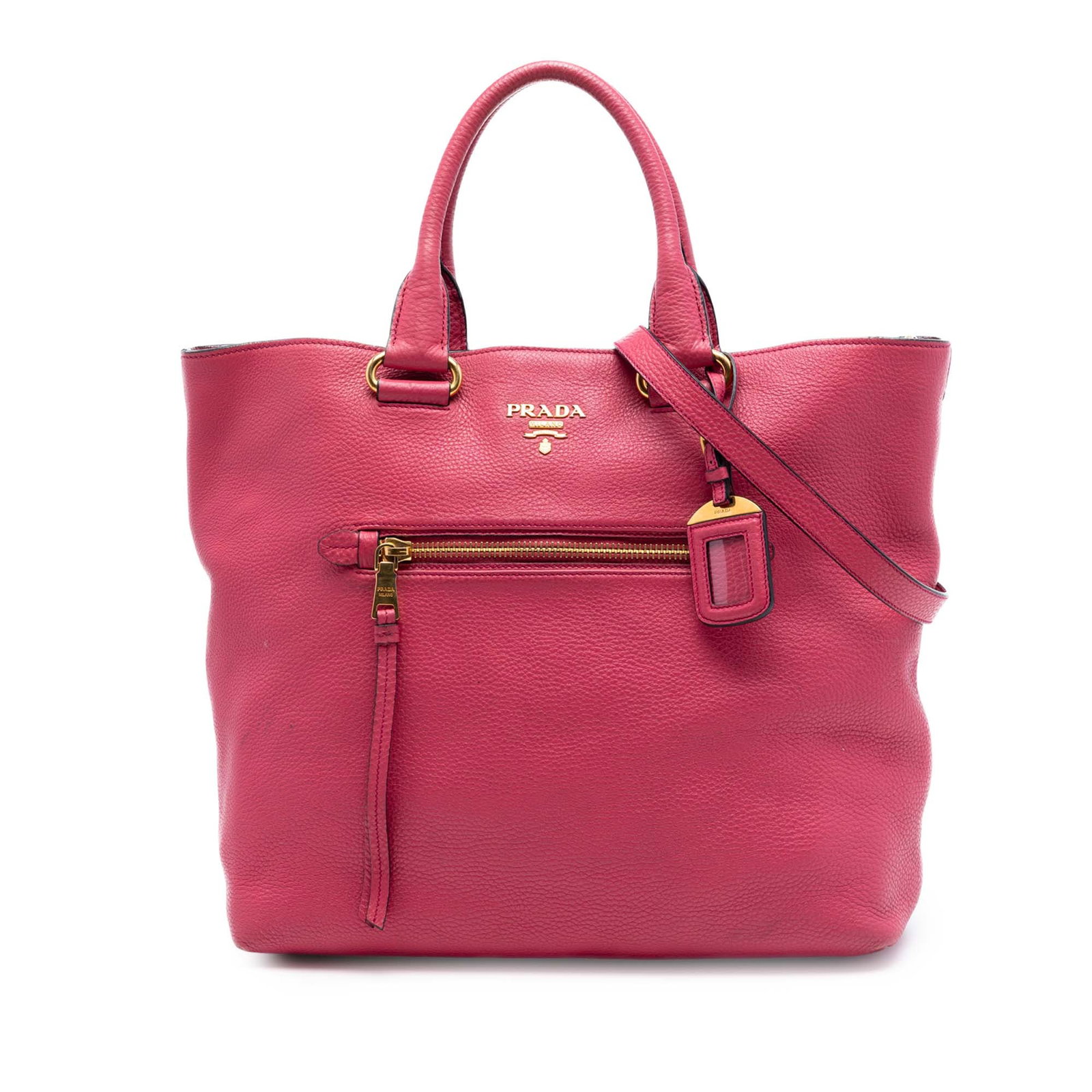 Prada Vitello Daino leather satchel with shoulder strap: Prada Vitello Daino leather satchel with shoulder strap A Prada Vitello Daino Open Convertible Tote in pink leather with a structured satchel silhouette. It features rolled leather handles, a detachab