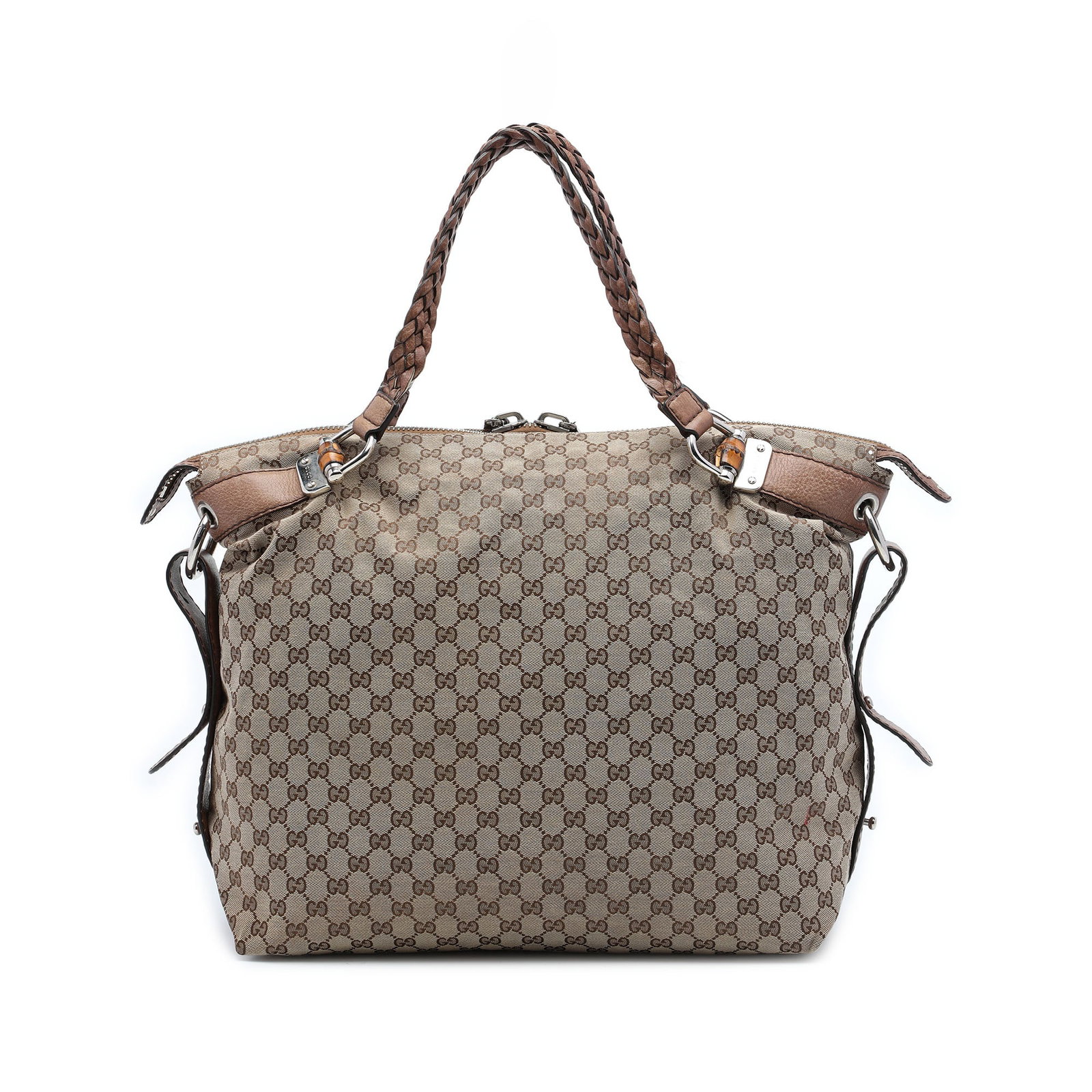 Gucci Bamboo Bar Tote Large GG Canvas Shoulder Bag: Gucci Bamboo Bar Tote Large GG Canvas Shoulder Bag Gucci Large GG Canvas Bamboo Bar Tote in beige canvas with leather trim and braided leather shoulder straps. The bag features a top zip closure with 