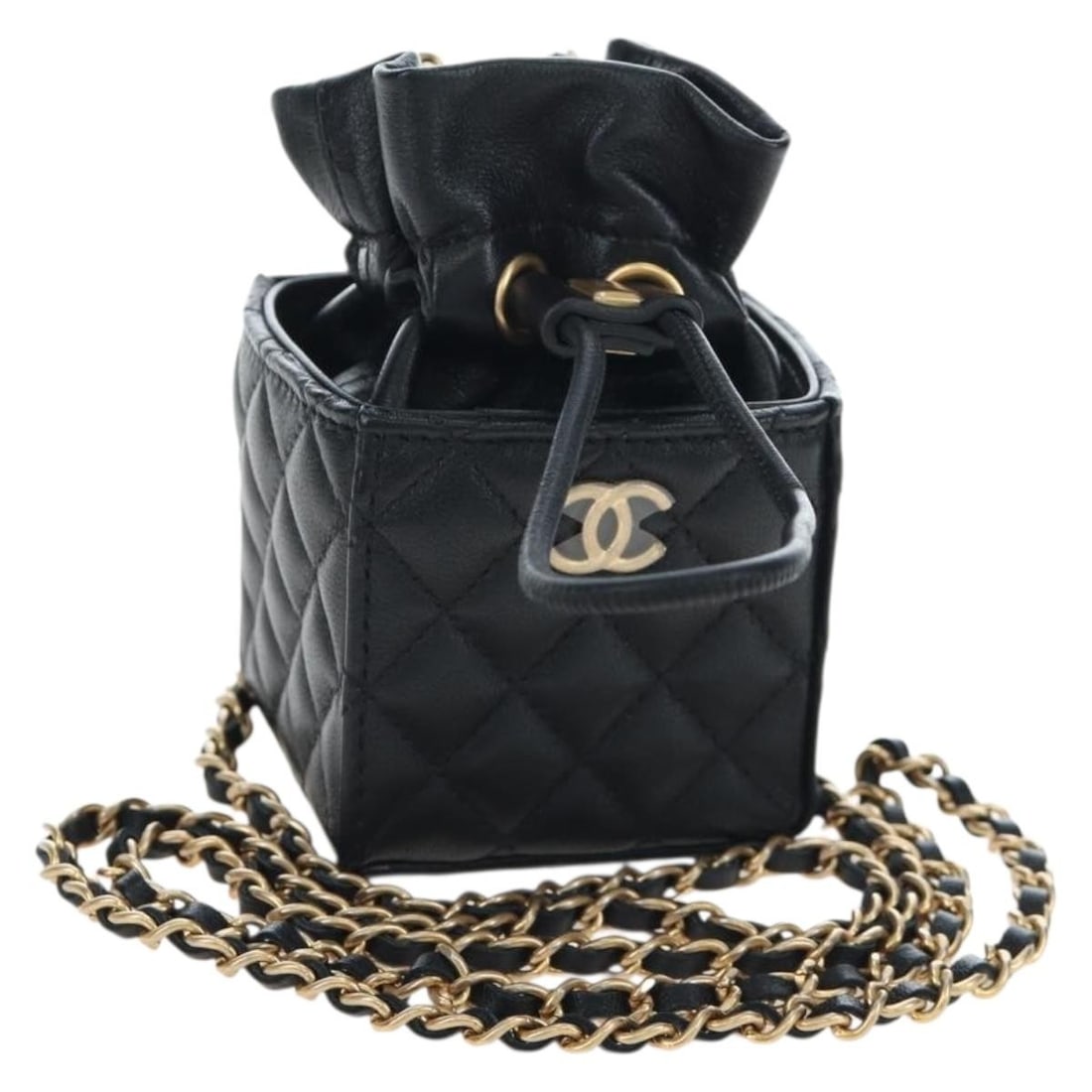 CHANEL CC Lamb Skin Shoulder Pouch Black Gold Tone: CHANEL CC Lamb Skin Shoulder Pouch Black Gold Tone Compact Chanel Matelasse chain shoulder pouch crafted in black lamb skin with gold tone CC detailing. Made in France, this women's pouch includes the