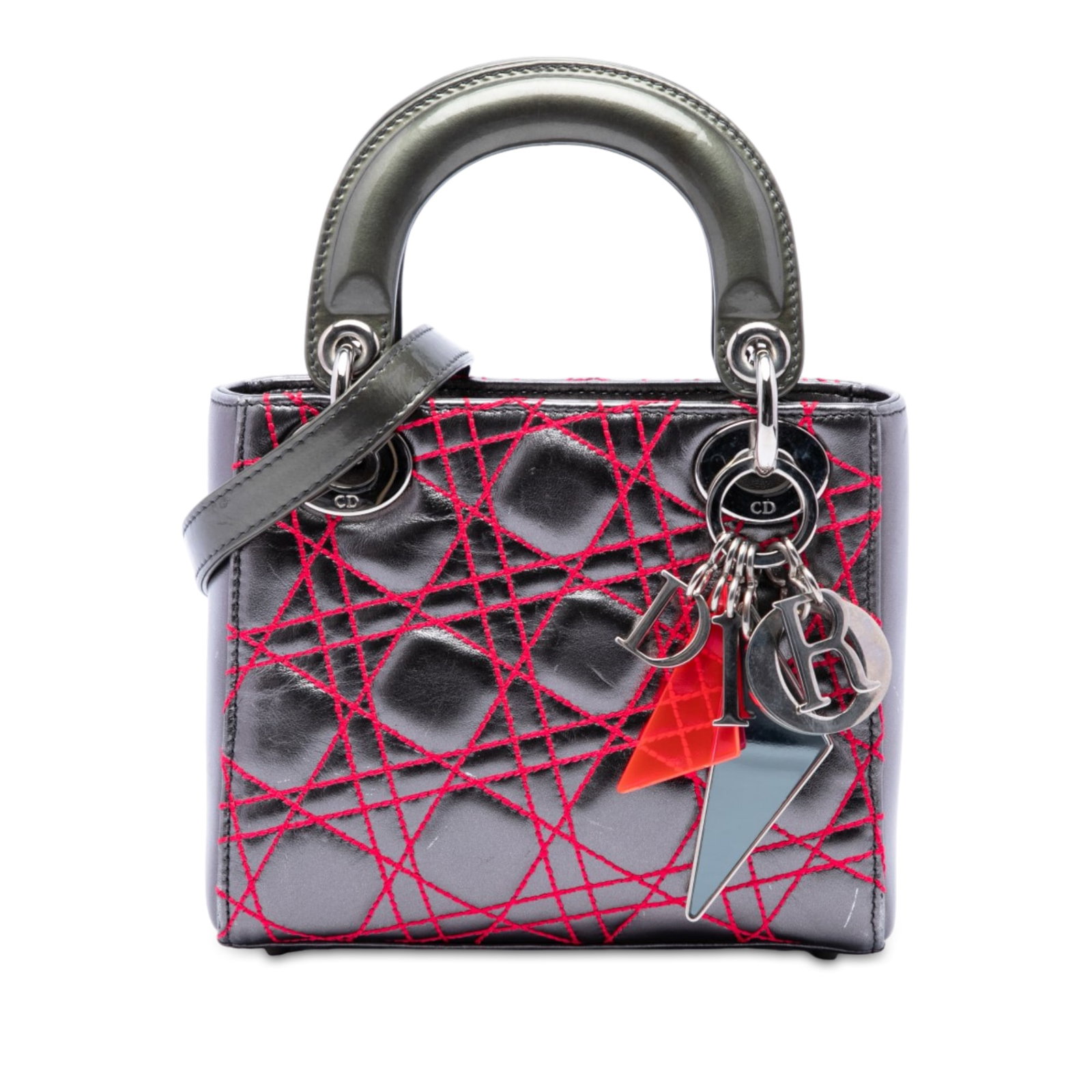 Dior Lady Dior Mini Metallic Lambskin Cannage Bag Gray: Dior Lady Dior Mini Metallic Lambskin Cannage Bag Gray Mini Lady Dior bag in gray metallic lambskin leather with Cannage quilting and Anselm Reyle styling. This structured design features leather top 