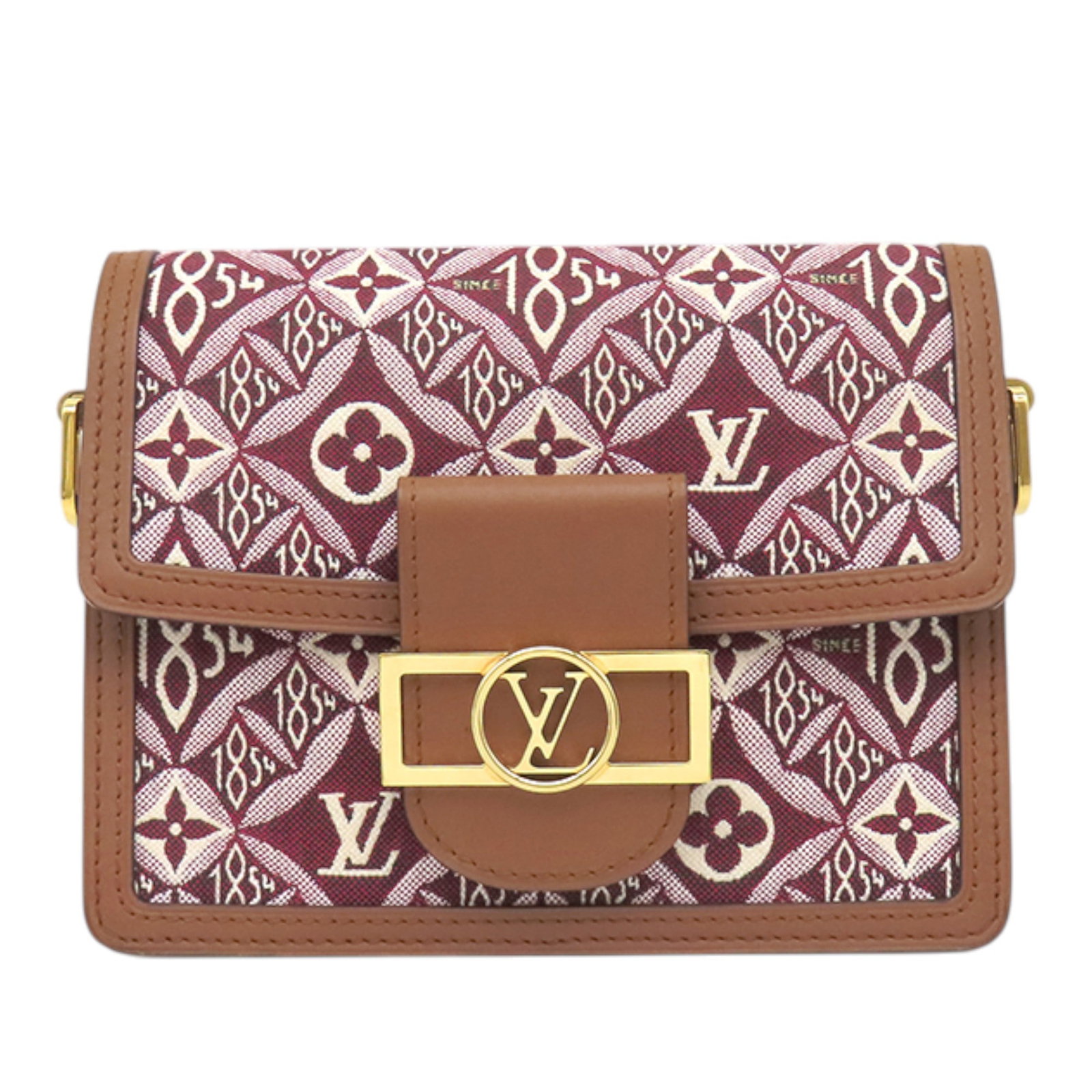Louis Vuitton Mini Dauphine Red Jacquard Shoulder Bag: Louis Vuitton Mini Dauphine Red Jacquard Shoulder Bag A compact Louis Vuitton Mini Dauphine bag in red Monogram Jacquard Since 1854 fabric with leather trim. It features a detachable flat leather stra