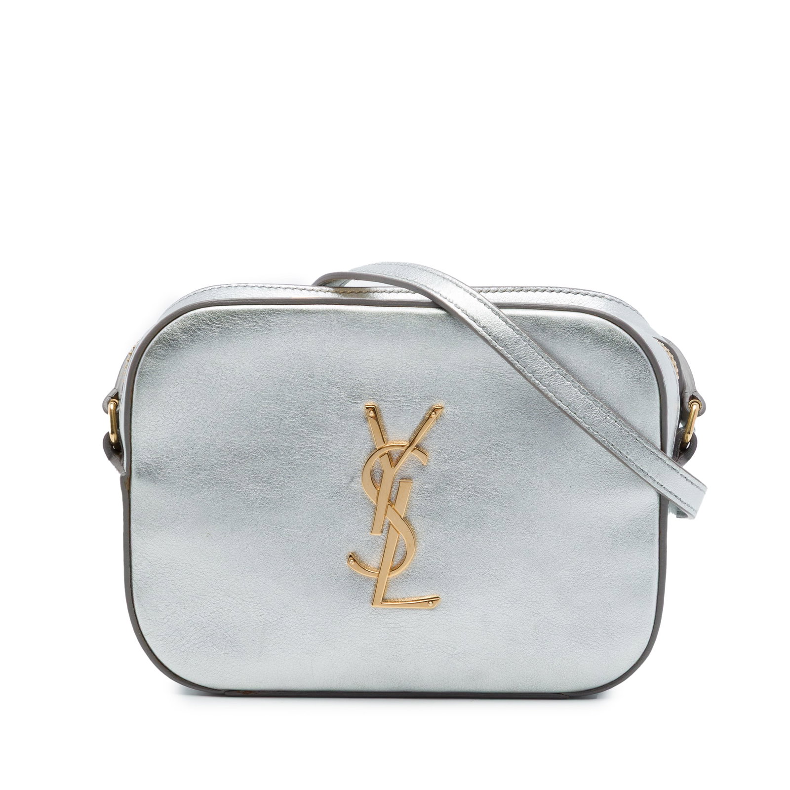 Saint Laurent Classic Monogram Small Camera Crossbody Metallic Calfskin: Saint Laurent Classic Monogram Small Camera Crossbody Metallic Calfskin Saint Laurent Small Metallic Calfskin Classic Monogram Camera Bag in silver leather. This crossbody style features a flat leathe