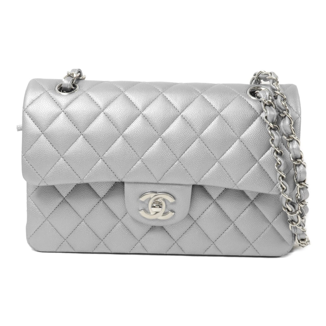 CHANEL A01113 Classic 23 Shoulder Bag Silver Calfskin CC PHW: CHANEL A01113 Classic 23 Shoulder Bag Silver Calfskin CC PHW Classic Chanel CC shoulder bag in silver calfskin leather with chain strap and turn-lock closure. This women's bag features an exterior ope