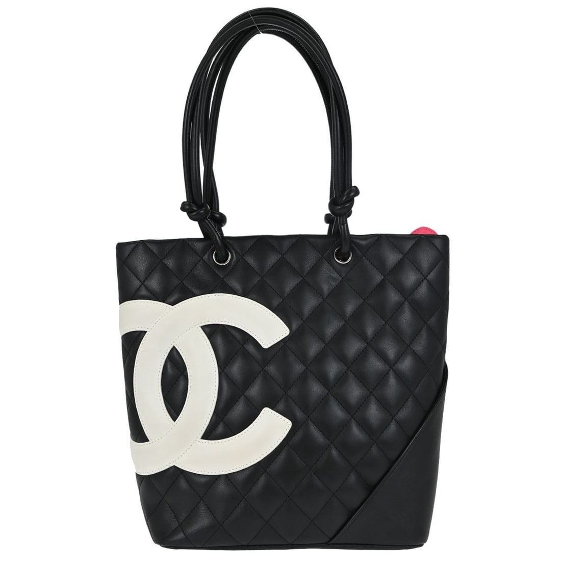 CHANEL Cambon Ligne Black Calfskin Tote Handbag: CHANEL Cambon Ligne Black Calfskin Tote Handbag Chanel Cambon Ligne tote handbag in black calfskin leather with a quilted logo design and pink canvas lining. This medium tote features double handles, 