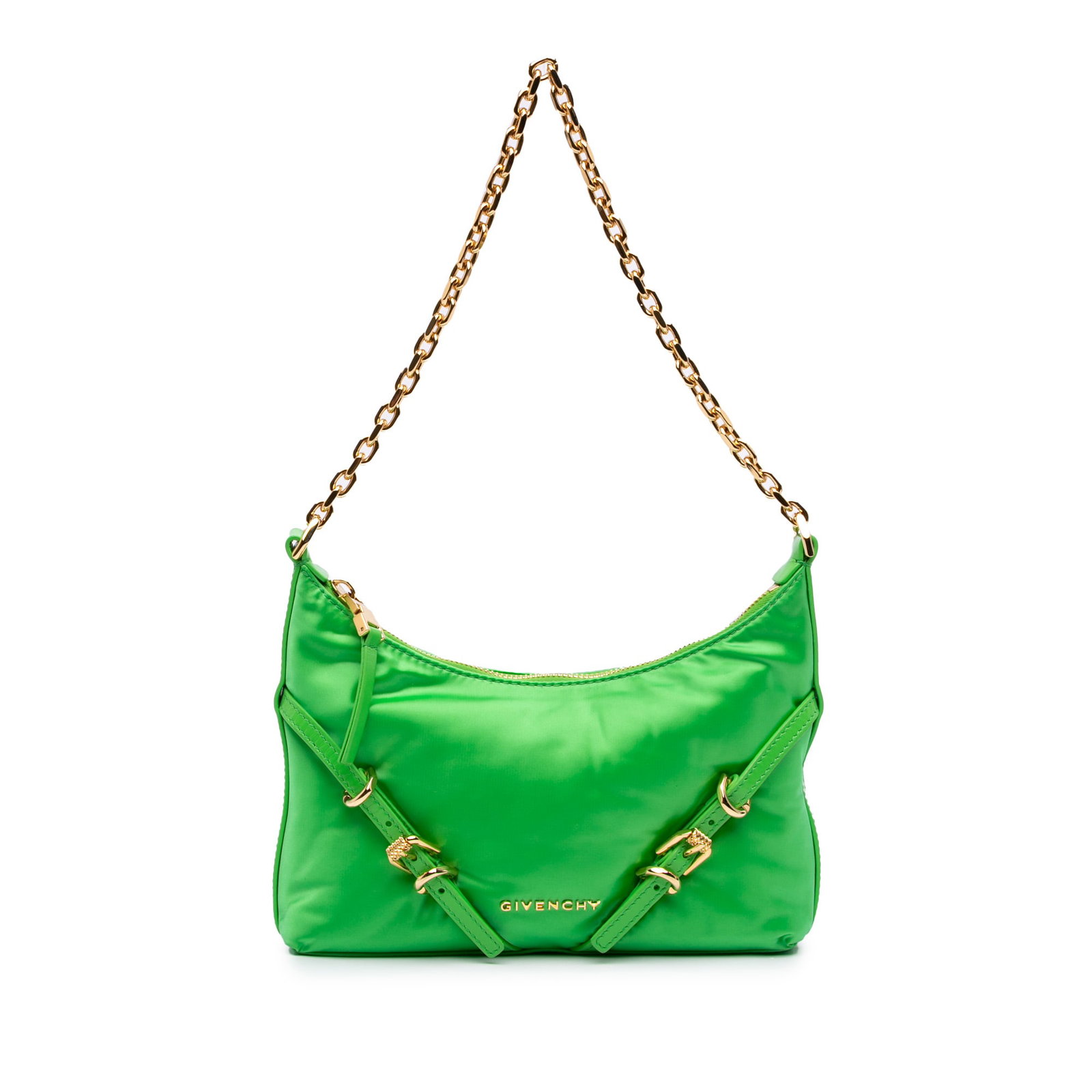 Givenchy Voyou Party Small Satin Shoulder Bag Green: Givenchy Voyou Party Small Satin Shoulder Bag Green A compact Givenchy Voyou Party shoulder bag crafted with a satin-look nylon body and leather trim. It features a gold tone chain shoulder strap and 