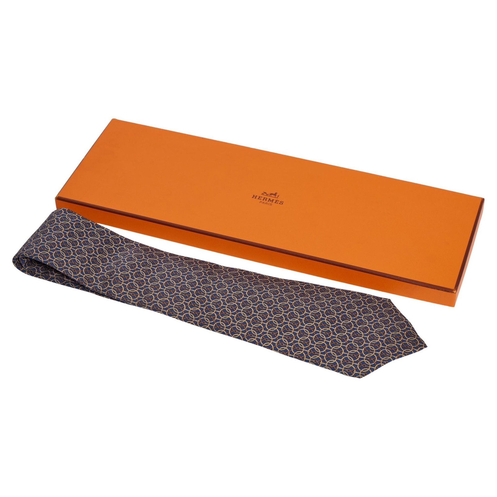 Hermes Blue Silk Tie with Horse Pattern in Original Box: Hermes Blue Silk Tie with Horse Pattern in Original Box Elevate your formal attire with this exquisite Hermes blue silk tie, featuring a stunning gold and brown horse pattern. Crafted in France, this 