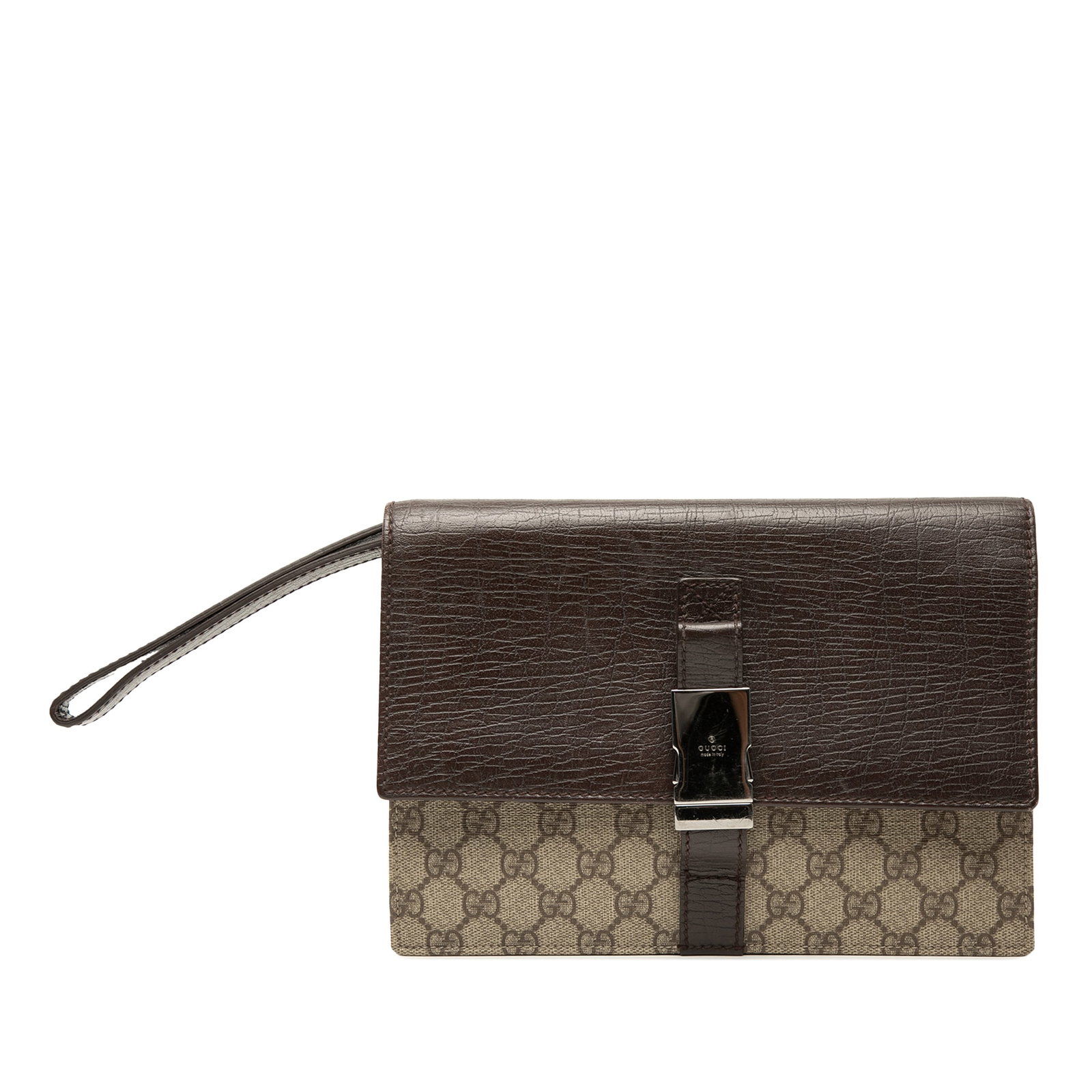 Gucci GG Supreme Beige Wristlet Clutch Bag: Gucci GG Supreme Beige Wristlet Clutch Bag Gucci GG Supreme clutch bag with a coated canvas body, flat leather wrist strap, front flap with metal closure, and an interior zip pocket. Made in Italy. Co