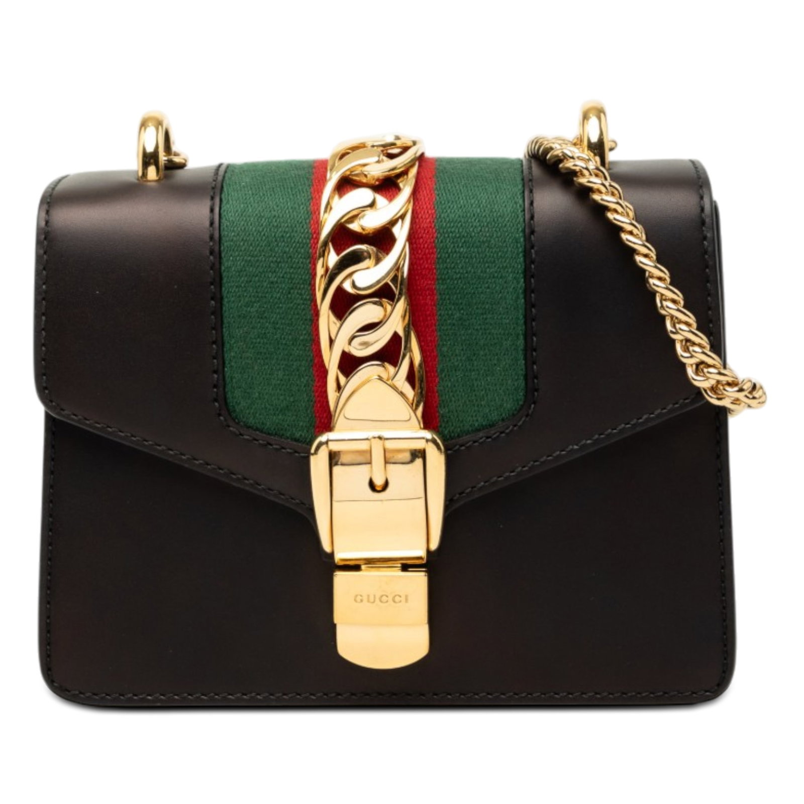 Gucci Sylvie Mini Leather Chain Satchel with Web Detail: Gucci Sylvie Mini Leather Chain Satchel with Web Detail This Gucci Sylvie mini satchel is crafted in black calfskin leather and features the signature web detail, a gold-tone chain strap, a front flap