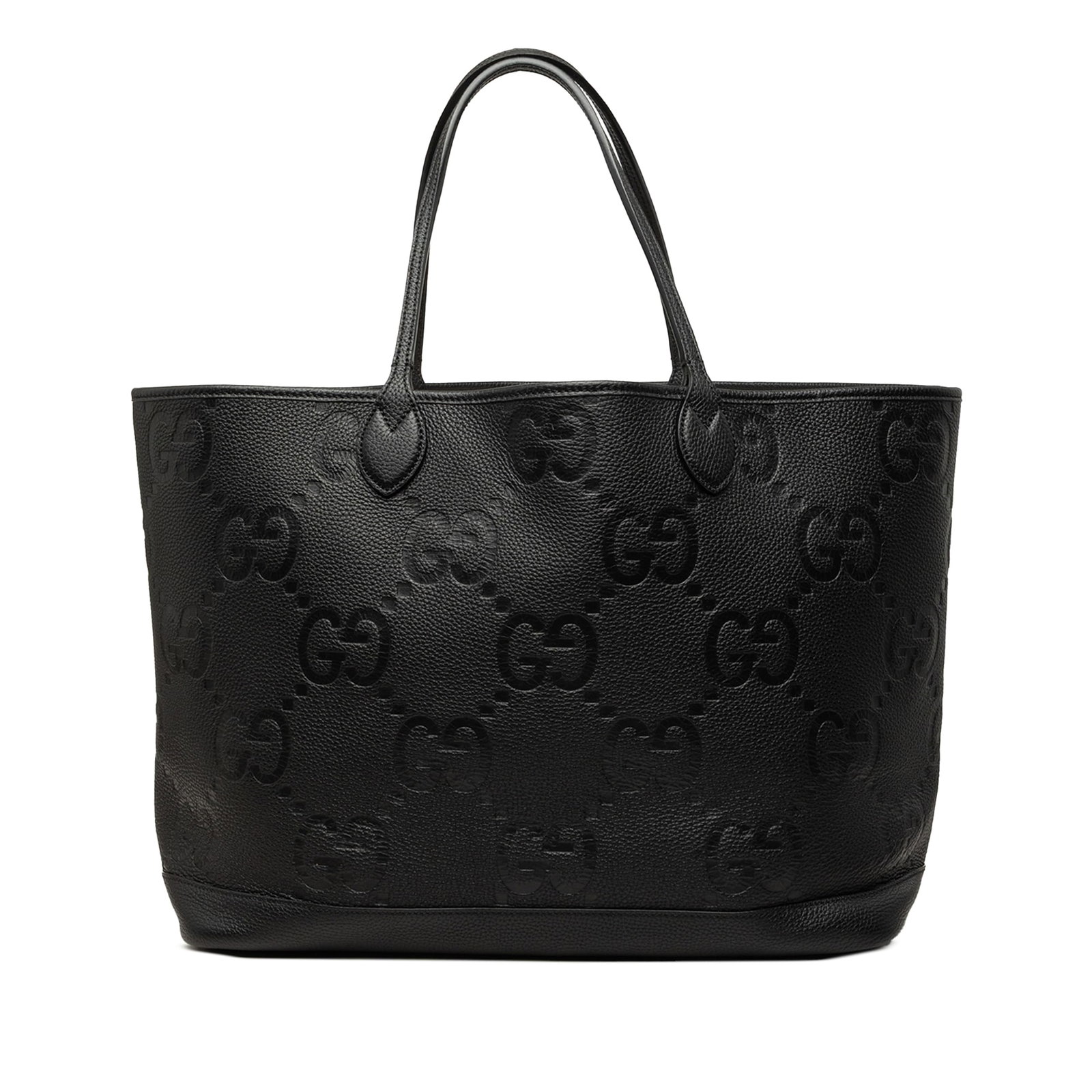 Gucci Jumbo GG Calfskin Tote Bag with Detachable Zip Pouch: Gucci Jumbo GG Calfskin Tote Bag with Detachable Zip Pouch Large Gucci Jumbo GG tote crafted in black embossed calfskin leather. This open-top design features flat leather handles and includes a detac