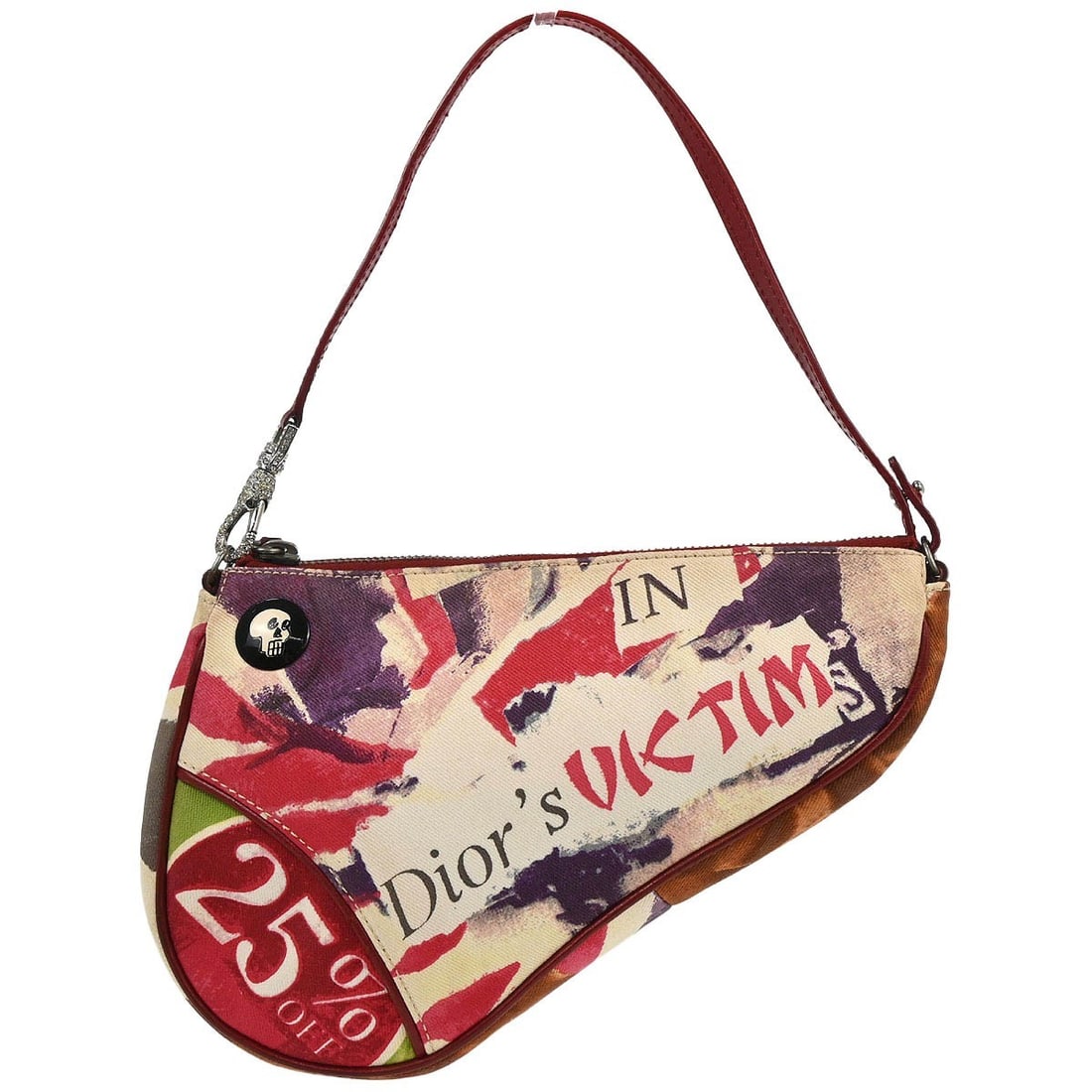 Dior Dior's Victim Saddle Bag Red Canvas Limited Edition: Dior Dior's Victim Saddle Bag Red Canvas Limited Edition Christian Dior Saddle handbag in red canvas with leather and rhinestone details. It features a zip closure, a small size, and was made in Italy