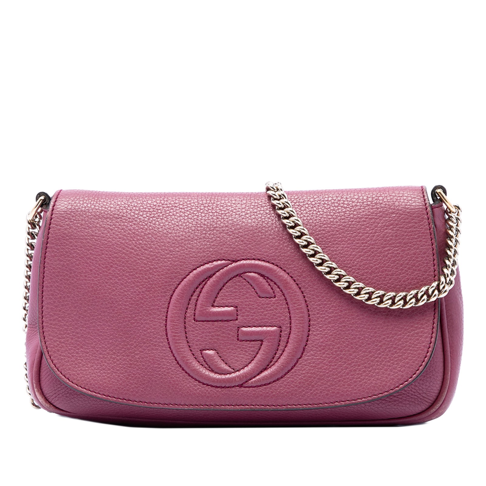 Gucci Soho Medium Leather Flap Crossbody Bag Pink: Gucci Soho Medium Leather Flap Crossbody Bag Pink Gucci Medium Calfskin Soho Chain Flap Crossbody in pink leather. This crossbody bag features a chain link shoulder strap, a front flap with magnetic c