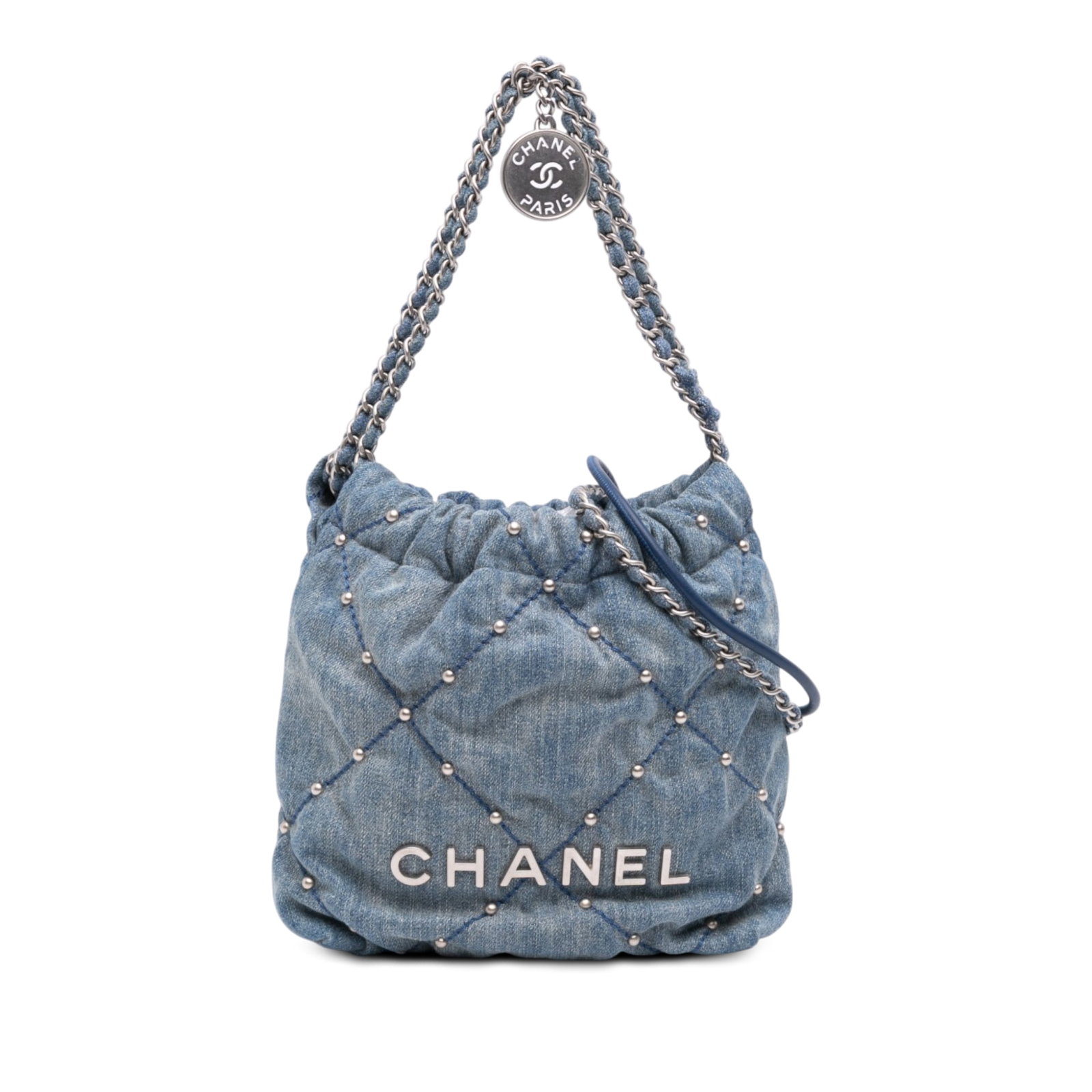 Chanel Mini 22 Studded Denim Shoulder Bag Blue: Chanel Mini 22 Studded Denim Shoulder Bag Blue Chanel Mini Denim Studded 22 Handbag in blue denim with stud detailing. This satchel features fabric woven chain link straps, a rolled leather shoulder s