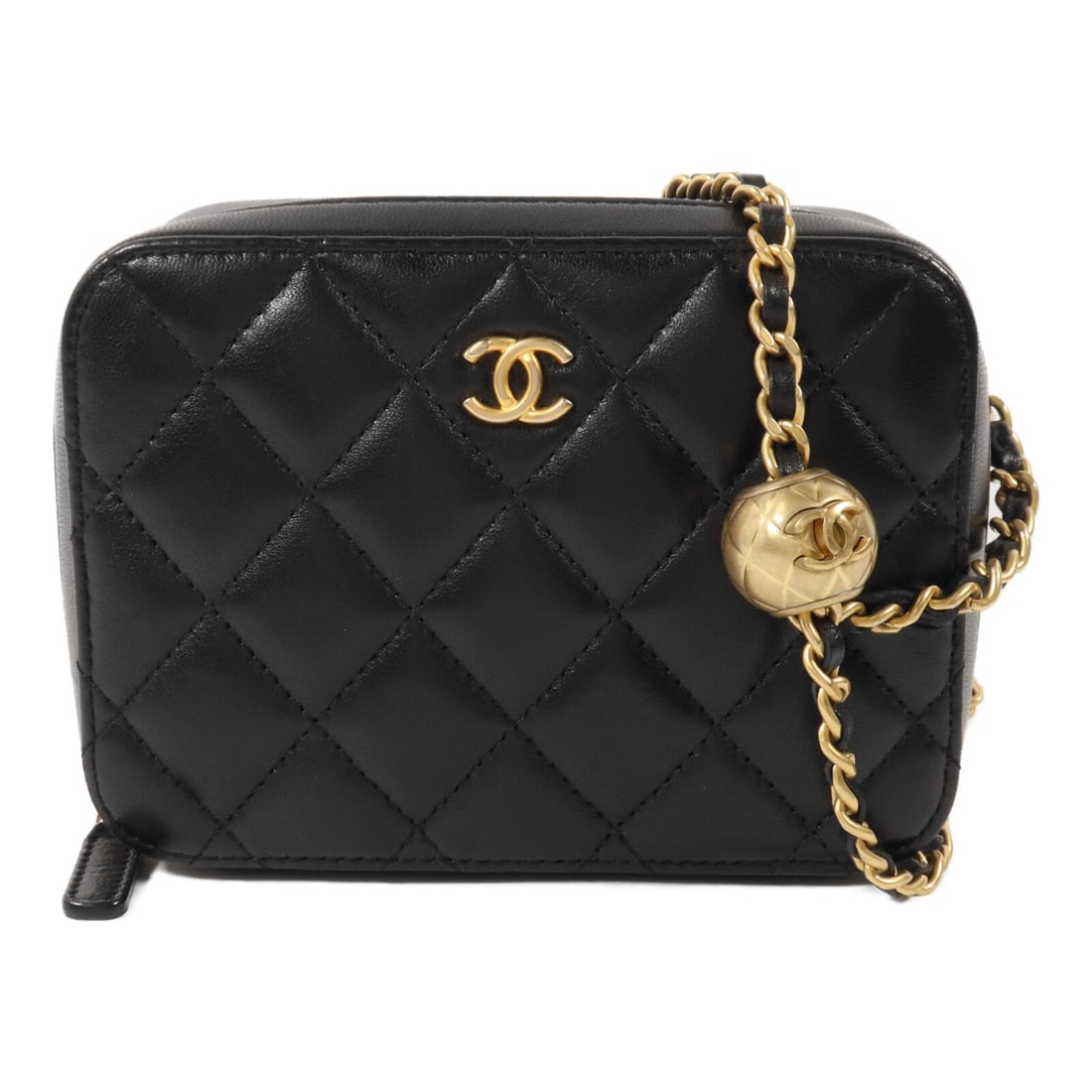 CHANEL AP2463 Mini Vanity Shoulder Bag Black Lambskin Gold Ball Chain: CHANEL AP2463 Mini Vanity Shoulder Bag Black Lambskin Gold Ball Chain Compact and elegant, this Chanel mini vanity shoulder bag is crafted in black lambskin and finished with CC GHW detailing and a