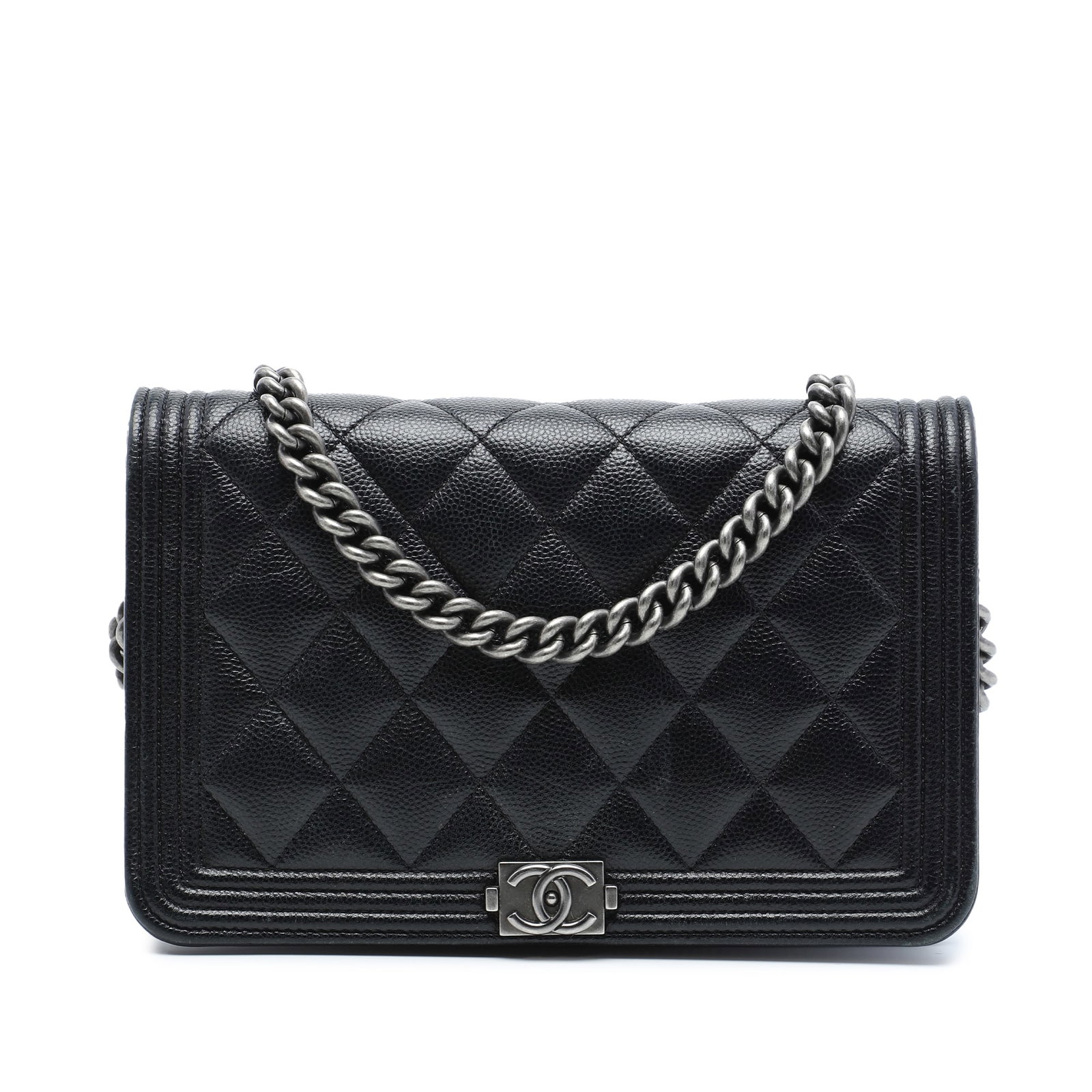 Chanel Boy Wallet on Chain in Black Quilted Caviar Leather: Chanel Boy Wallet on Chain in Black Quilted Caviar Leather A Chanel Boy Wallet on Chain crafted in black quilted caviar leather. This compact shoulder bag features a curb chain strap with a leather sh