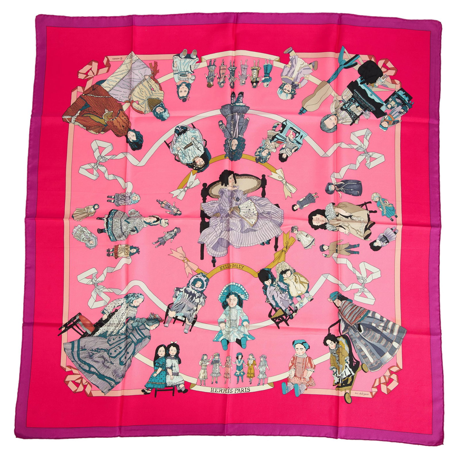 Hermes Hello Dolly Silk Scarf Purple Pink 35in Collectible: Hermes Hello Dolly Silk Scarf Purple Pink 35in Collectible Elevate your accessory collection with this rare Hermes silk twill scarf featuring the iconic Hello Dolly design in a stunning purple and pin