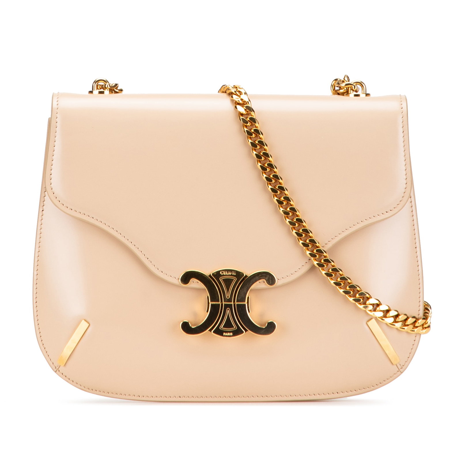 Celine Teen Shiny Calfskin Triomphe Clea Chain Crossbody Bag: Celine Teen Shiny Calfskin Triomphe Clea Chain Crossbody Bag Introducing the Celine Teen Shiny Calfskin Triomphe Besace Clea Chain Crossbody, a luxurious accessory that combines style and functionalit