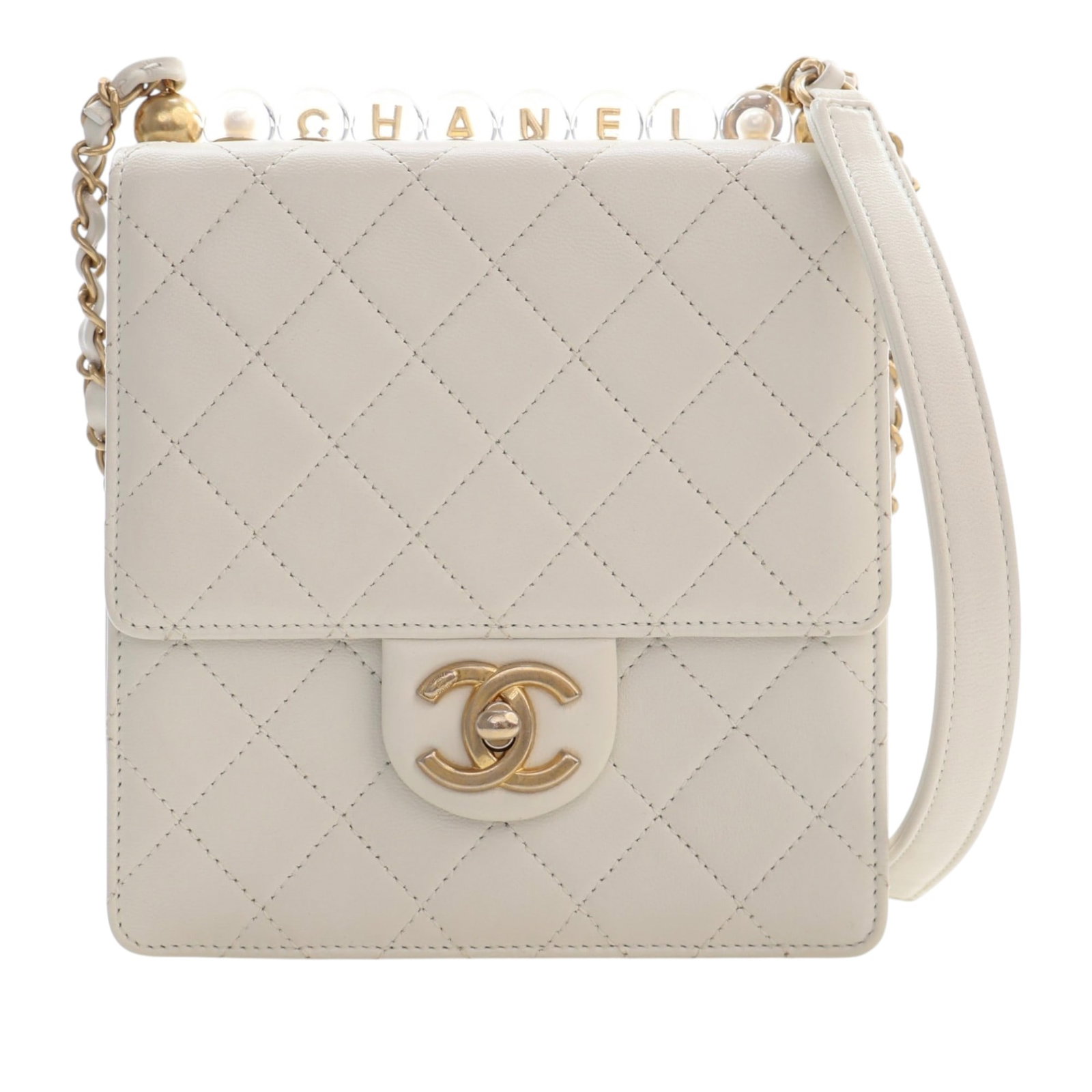 Chanel Chic Pearls Small Flap Crossbody White Lambskin: Chanel Chic Pearls Small Flap Crossbody White Lambskin A Chanel Small Quilted Lambskin Chic Pearls Flap crossbody bag crafted in white quilted lambskin leather with faux pearl details. It features a l