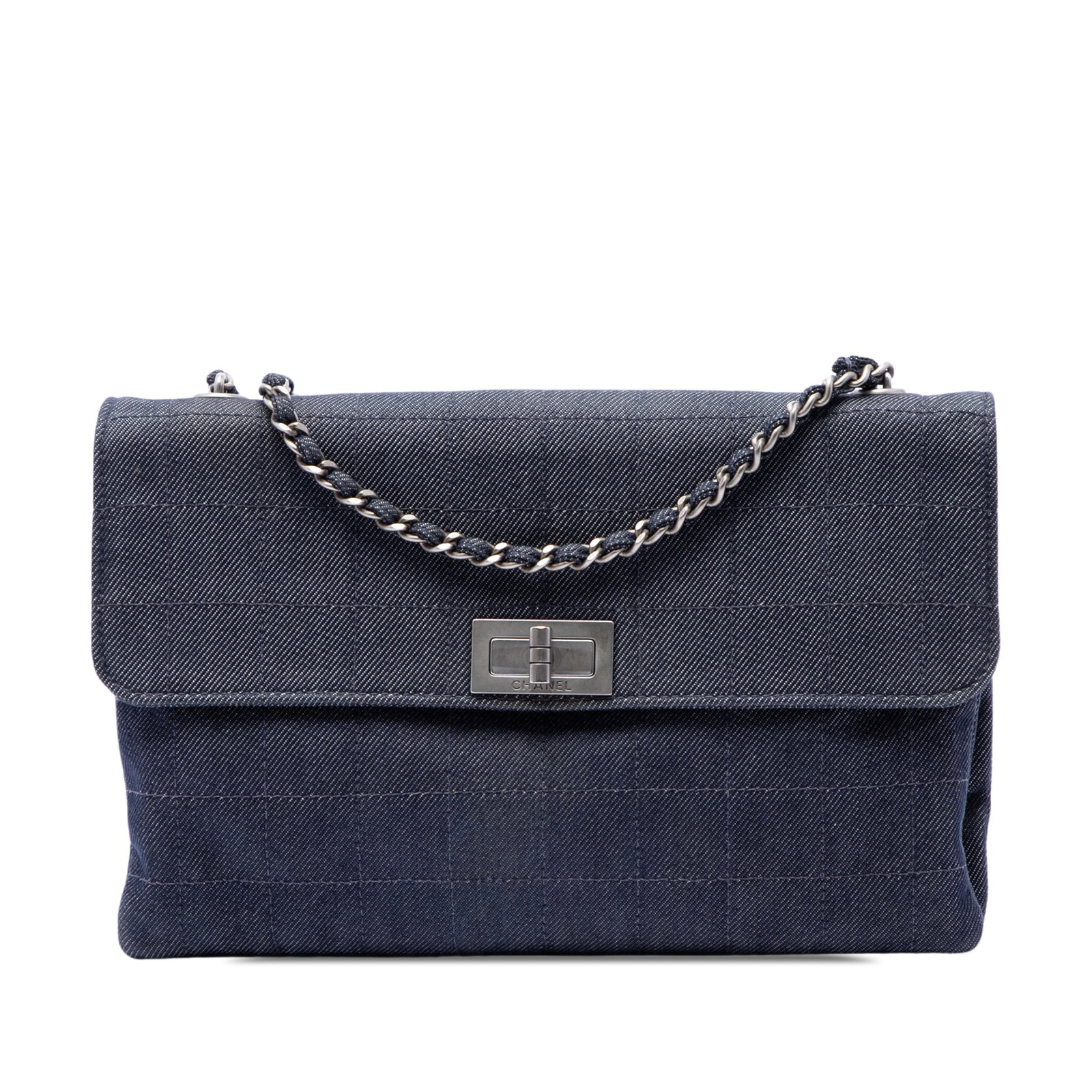 Chanel Reissue 2.55 Chocolate Bar Denim Shoulder Bag: Chanel Reissue 2.55 Chocolate Bar Denim Shoulder Bag A Chanel Chocolate Bar Denim Reissue 2.55 Flap shoulder bag in blue quilted denim. This flap bag features a fabric-woven chain link strap, a front 