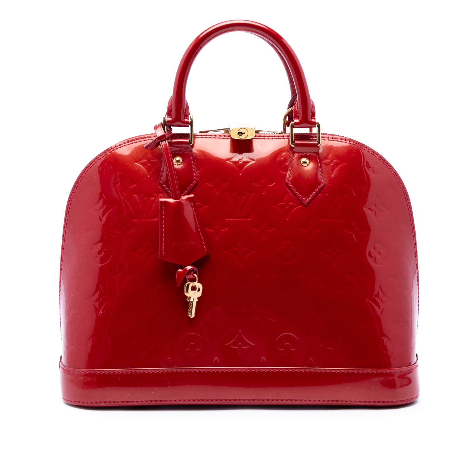Louis Vuitton Alma PM Monogram Vernis Leather Handbag Red: Louis Vuitton Alma PM Monogram Vernis Leather Handbag Red The Louis Vuitton Monogram Vernis Alma PM is a structured handbag crafted in red monogram vernis leather. It features rolled leather handles, 