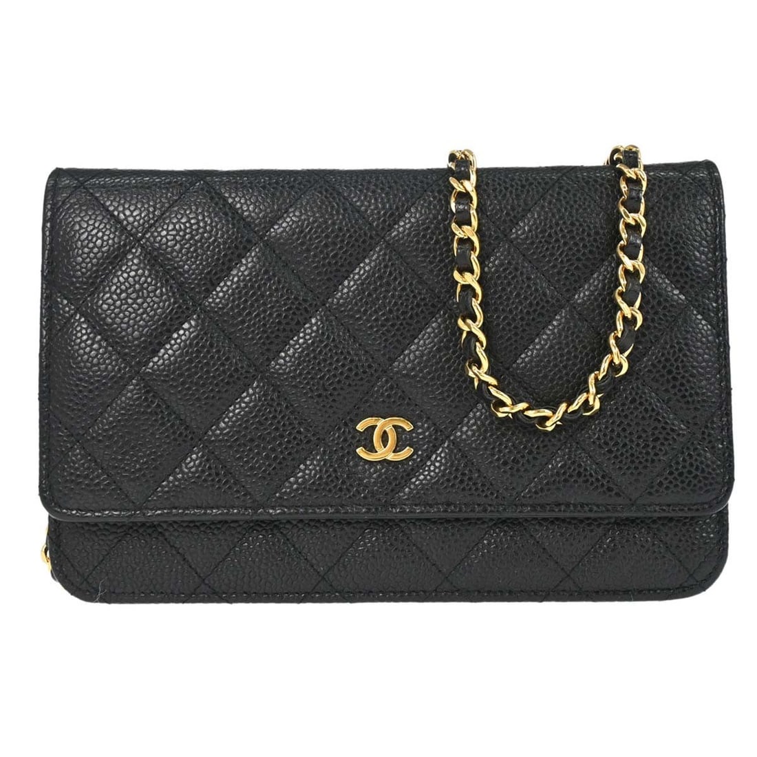 CHANEL Classic WOC Wallet on Chain in Black Caviar Leather: CHANEL Classic WOC Wallet on Chain in Black Caviar Leather Chanel Classic WOC wallet on chain bag in black caviar skin leather with a folding design. The interior includes multiple compartments for or