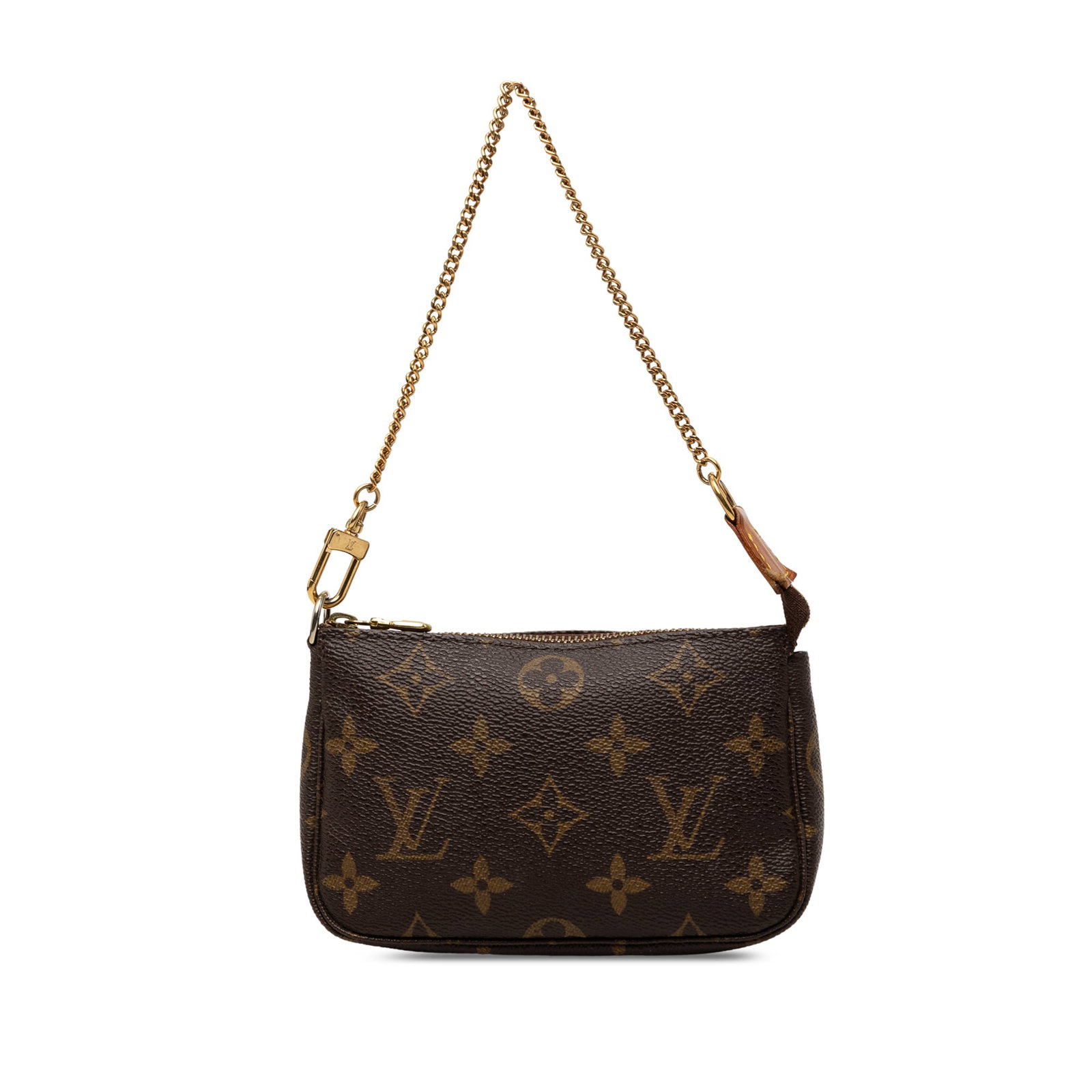 Louis Vuitton Monogram Canvas Mini Pochette Bag: Louis Vuitton Monogram Canvas Mini Pochette Bag A compact Louis Vuitton Monogram Mini Pochette Accessoires in brown monogram canvas with a gold-tone chain strap and top zip closure. Made in France, th