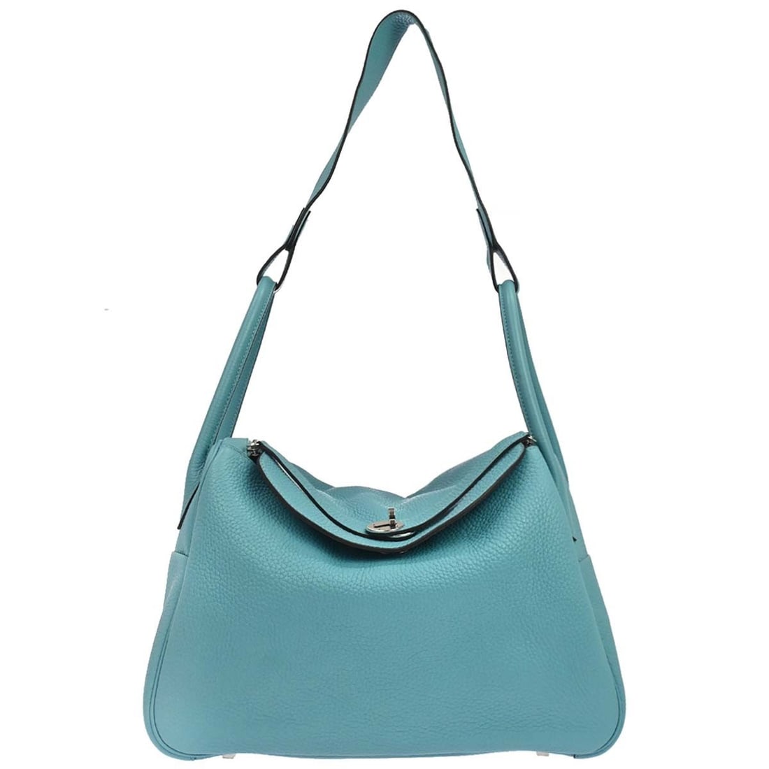 HERMES Lindy 34 Taurillon Clemence Blue Shoulder Bag: HERMES Lindy 34 Taurillon Clemence Blue Shoulder Bag Hermes Lindy 34 shoulder bag in Bleu Atoll Taurillon Clemence leather, made in France. It features a turn lock zip closure, silver-tone hardware, a