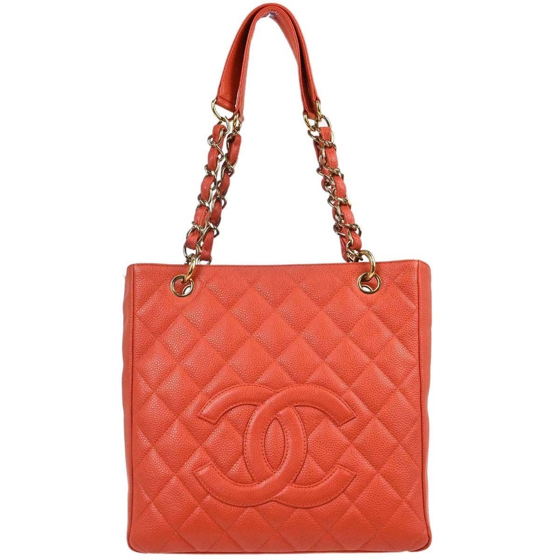 CHANEL PST Petite Shopping Tote Orange Caviar Leather Handbag: CHANEL PST Petite Shopping Tote Orange Caviar Leather Handbag Chanel Petite Shopping Tote PST handbag in orange caviar skin leather with a quilted exterior, magnetic closure, and chain shoulder straps