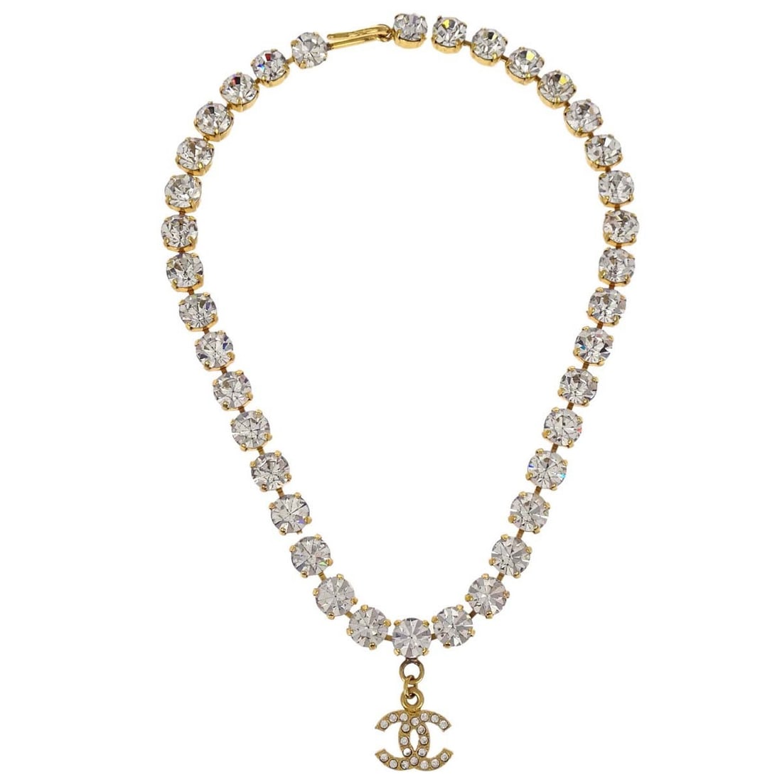 CHANEL CC Gold Plated Chain Pendant Necklace: CHANEL CC Gold Plated Chain Pendant Necklace Vintage Chanel pendant necklace featuring the iconic CC motif with rhinestone accents and a gold-plated chain. Made in France, this piece offers a classic 