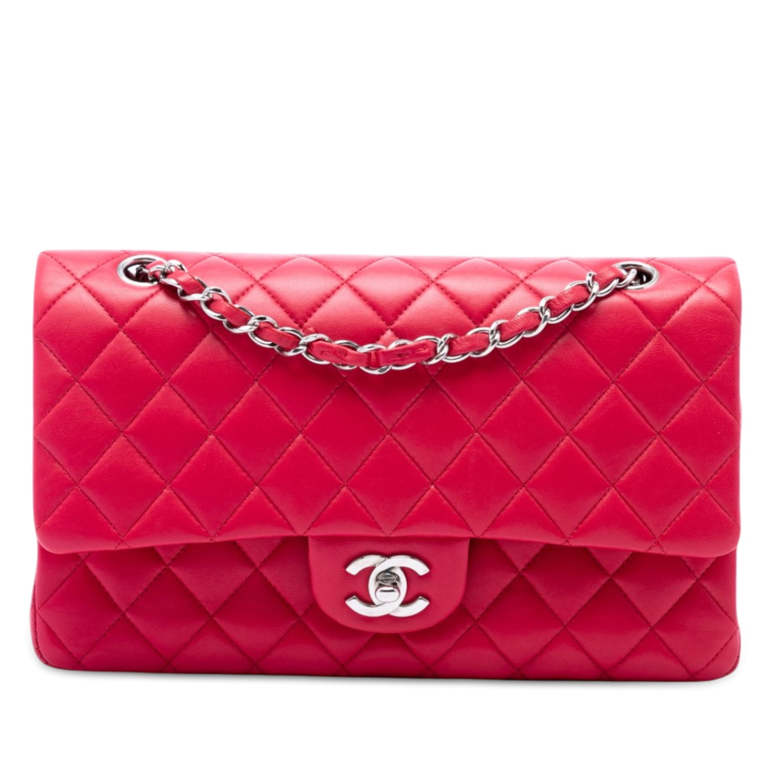 Chanel Medium Classic Double Flap Pink Iridescent Lambskin Bag: Chanel Medium Classic Double Flap Pink Iridescent Lambskin Bag A Chanel Medium Classic Double Flap bag crafted in pink iridescent quilted lambskin leather. This shoulder bag features leather-woven cha