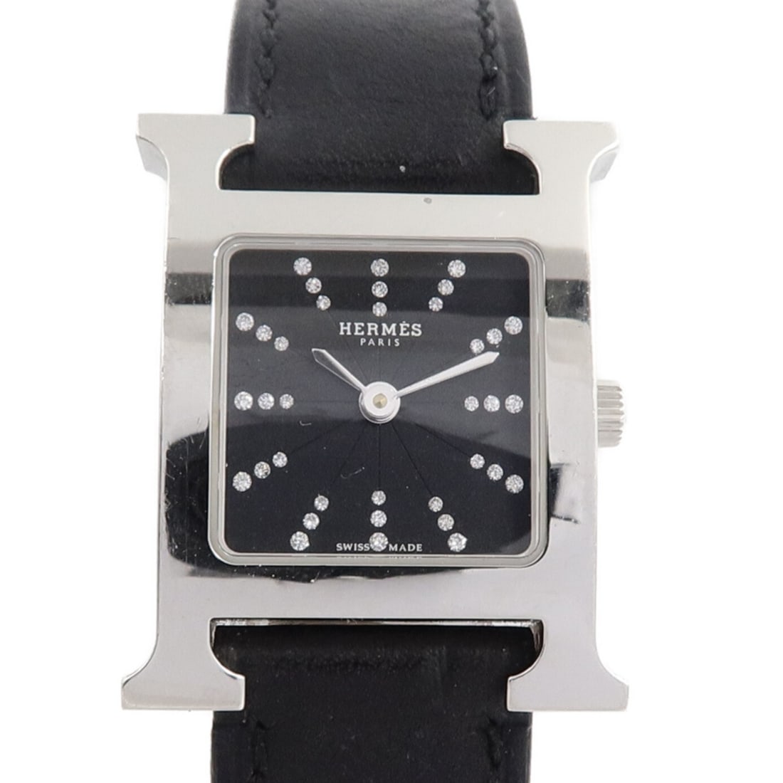 Hermes HH4.211 Heuer H Ladies Quartz Wristwatch Black Stainless Steel Diamond: Hermes HH4.211 Heuer H Ladies Quartz Wristwatch Black Stainless Steel Diamond Hermes Heuer H wristwatch for women with a black dial and stainless steel case and band. This quartz model, reference HH4.