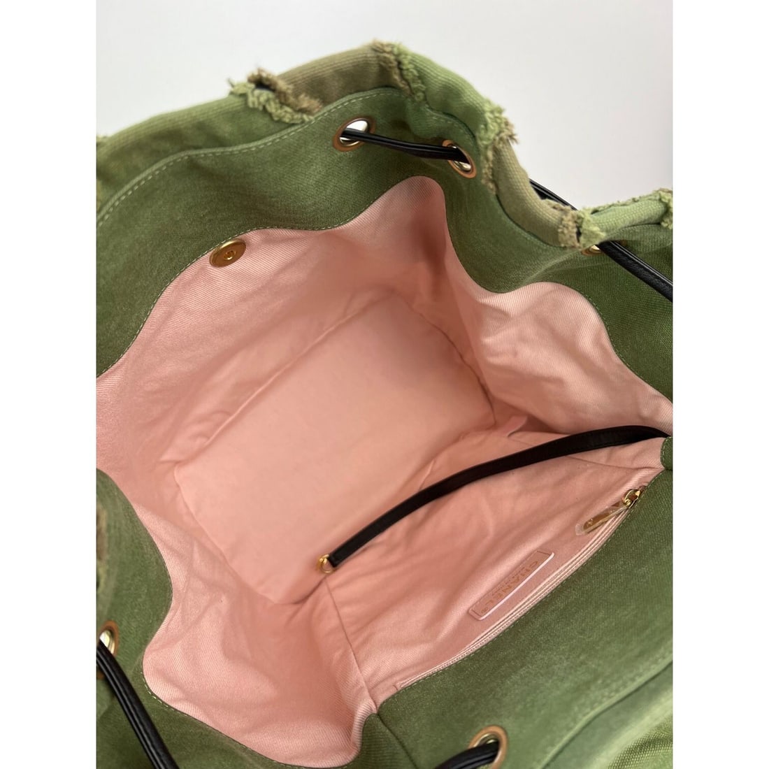 CHANEL Cuba Canvas Backpack Khaki Chevron Patchwork Drawstring - 3