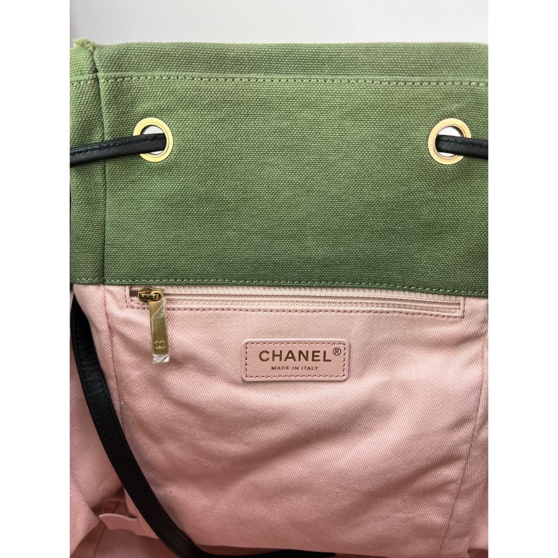 CHANEL Cuba Canvas Backpack Khaki Chevron Patchwork Drawstring - 4