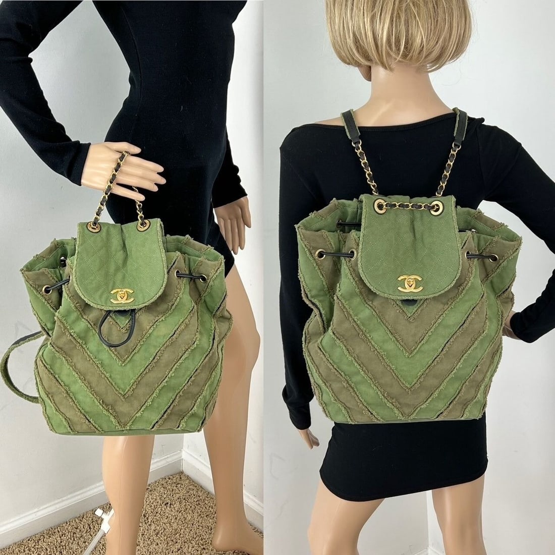 CHANEL Cuba Canvas Backpack Khaki Chevron Patchwork Drawstring - 6