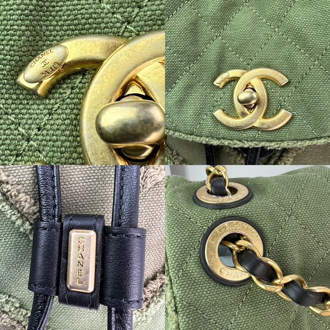 CHANEL Cuba Canvas Backpack Khaki Chevron Patchwork Drawstring - 7