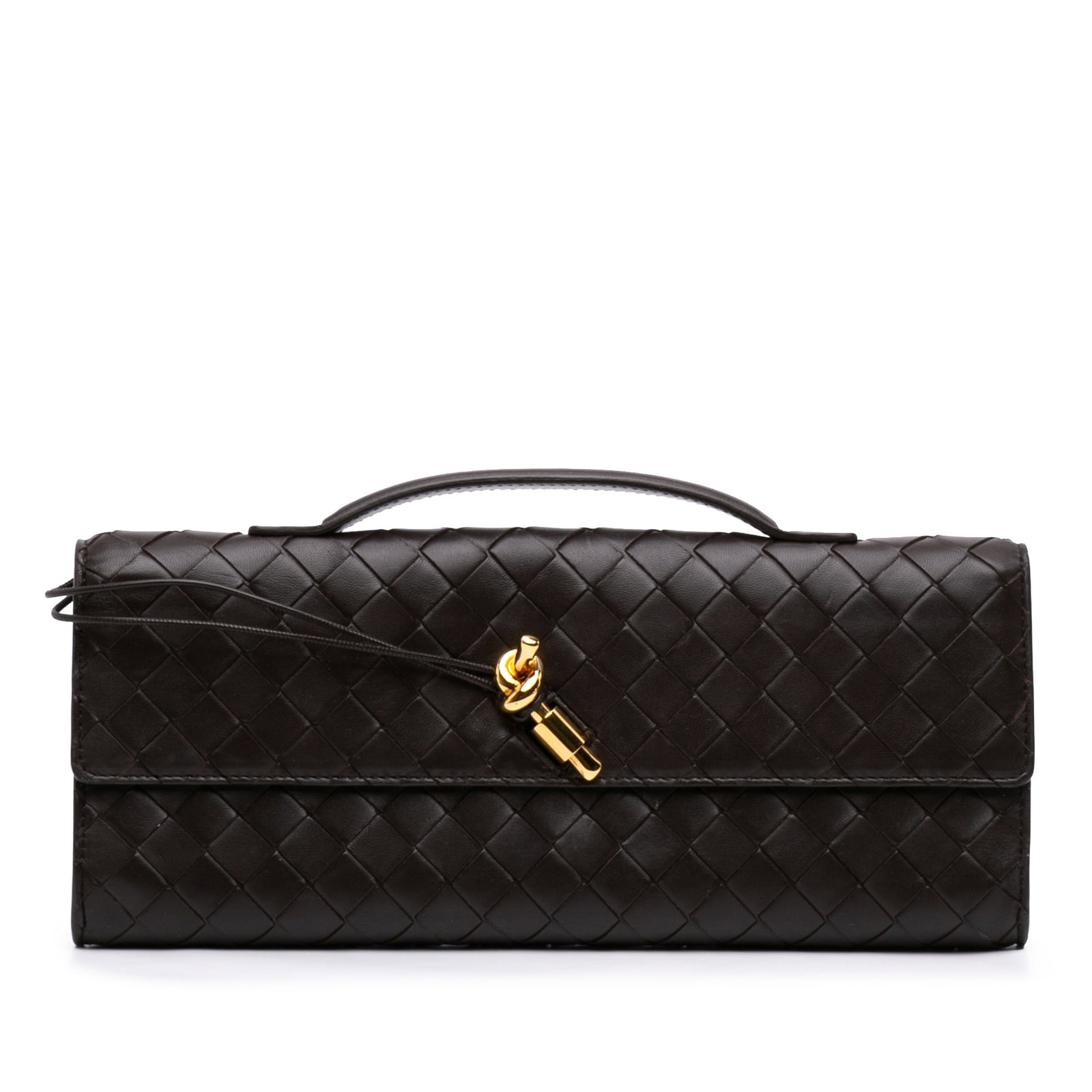Bottega Veneta Andiamo woven lambskin clutch bag brown: Bottega Veneta Andiamo woven lambskin clutch bag brown Bottega Veneta Lambskin Intrecciato Andiamo Clutch in brown woven lambskin leather. This clutch features a flat leather top handle, a front flap 