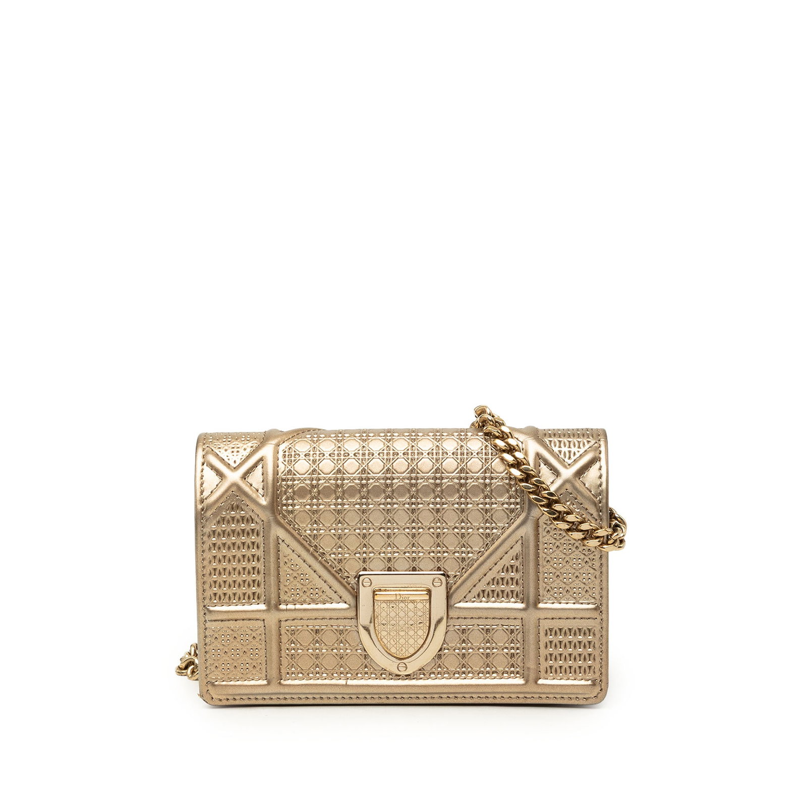 Dior Baby Diorama Flap Metallic Patent Leather Crossbody Bag: Dior Baby Diorama Flap Metallic Patent Leather Crossbody Bag Compact Dior crossbody bag in gold metallic patent leather with the Microcannage Diorama design. It features a detachable chain link strap,