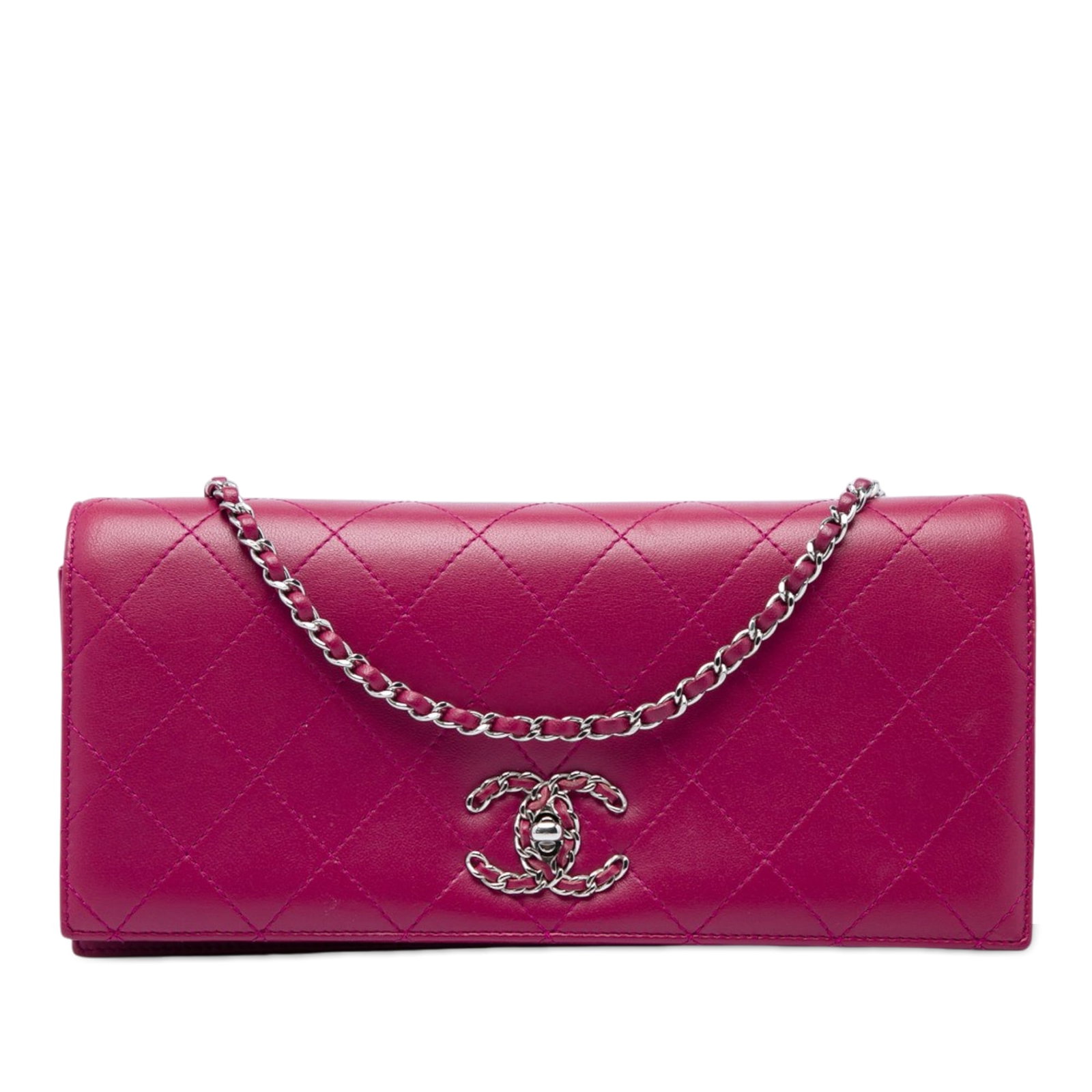 Chanel 19 Quilted Lambskin Chain Clutch Bag Pink: Chanel 19 Quilted Lambskin Chain Clutch Bag Pink A Chanel 19 Clutch on Chain in pink quilted lambskin leather. This crossbody bag features a leather-woven link chain shoulder strap, a flap with magnet