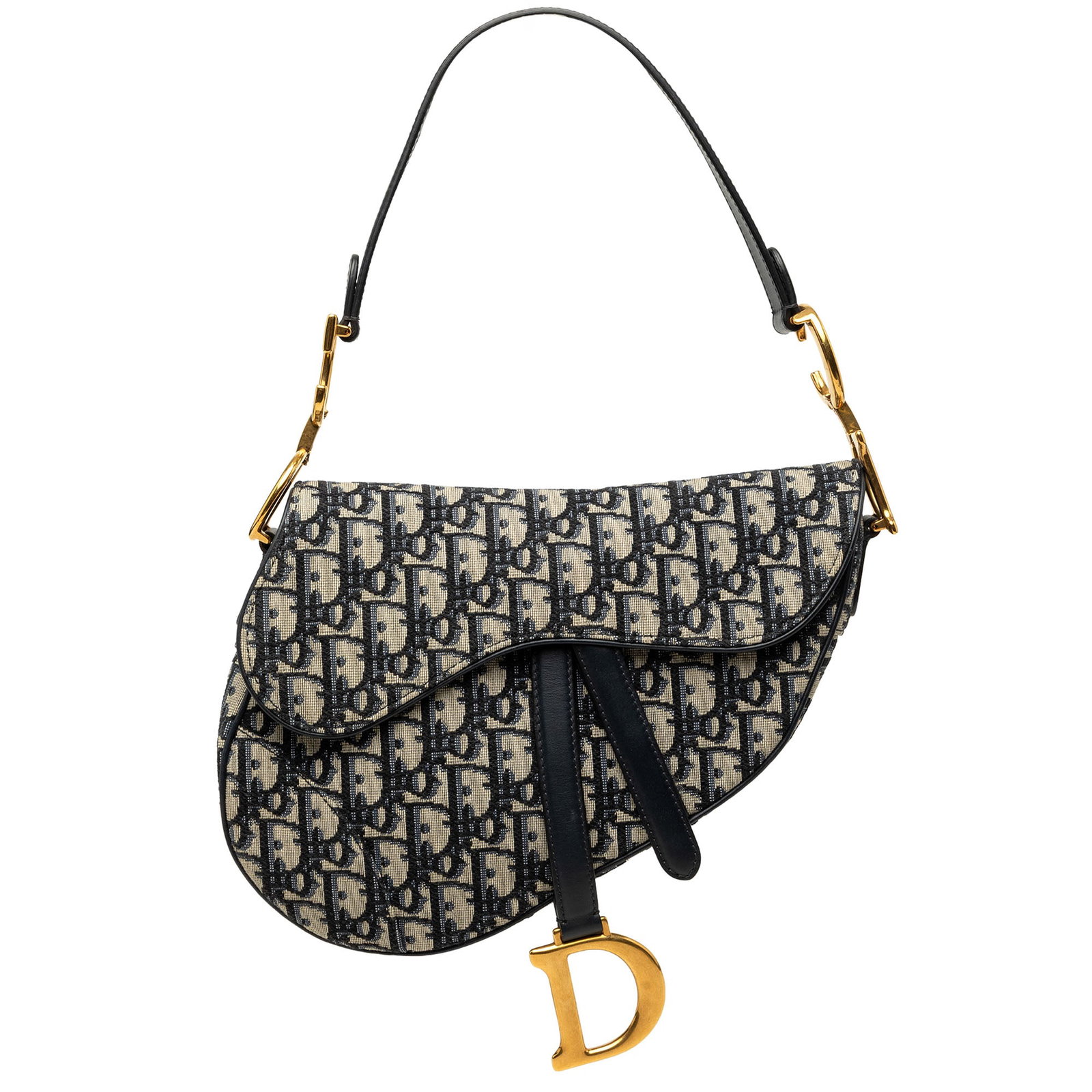 Dior Oblique Saddle Shoulder Bag in Blue Canvas: Dior Oblique Saddle Shoulder Bag in Blue Canvas A Dior Saddle bag crafted in blue oblique canvas with leather trim. This bag features a flat leather strap, a front flap with magnetic snap closure,