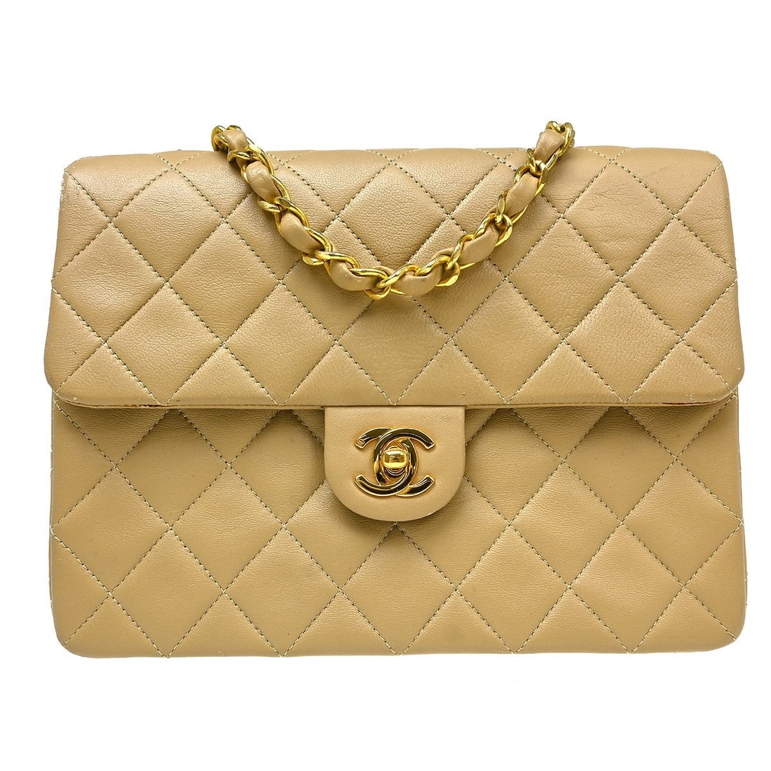 CHANEL Classic Flap Square Shoulder Bag Beige Lambskin Chain Strap: CHANEL Classic Flap Square Shoulder Bag Beige Lambskin Chain Strap Chanel Classic Square Flap shoulder bag in beige lambskin leather with a matelasse quilted finish and flap turnlock closure. This