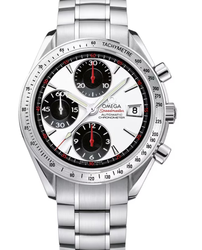 Omega 3211.31 Speedmaster Date mens watch white dial steel bracelet: Omega 3211.31 Speedmaster Date mens watch white dial steel bracelet Omega Speedmaster Date wristwatch with a white dial, fixed tachymeter bezel, and stainless steel bracelet. Specifications Gender: Me